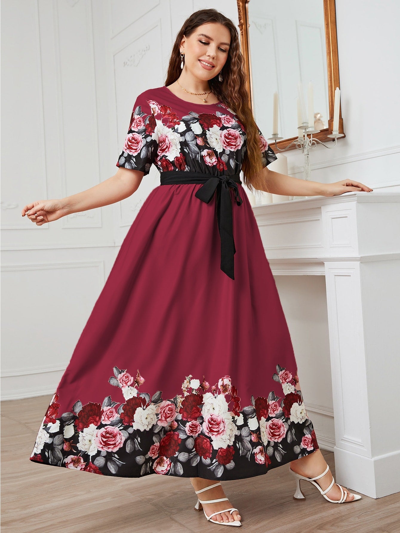 Modely Burgundy Red Plus Floral Print Belted A-Line Dress Long Evening Dresses