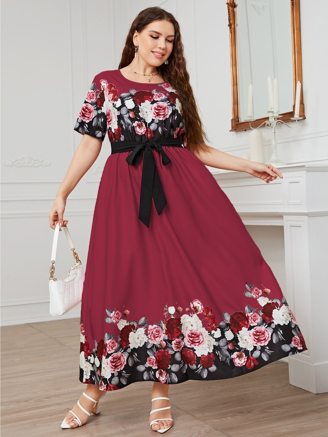 Modely Burgundy Red Plus Floral Print Belted A-Line Dress Long Evening Dresses