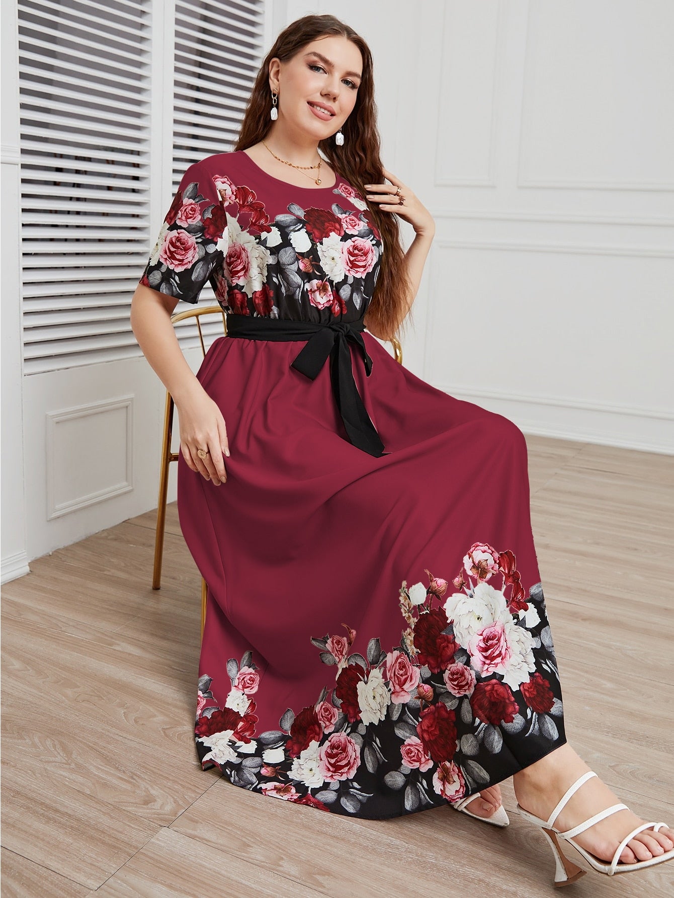 Modely Burgundy Red Plus Floral Print Belted A-Line Dress Long Evening Dresses