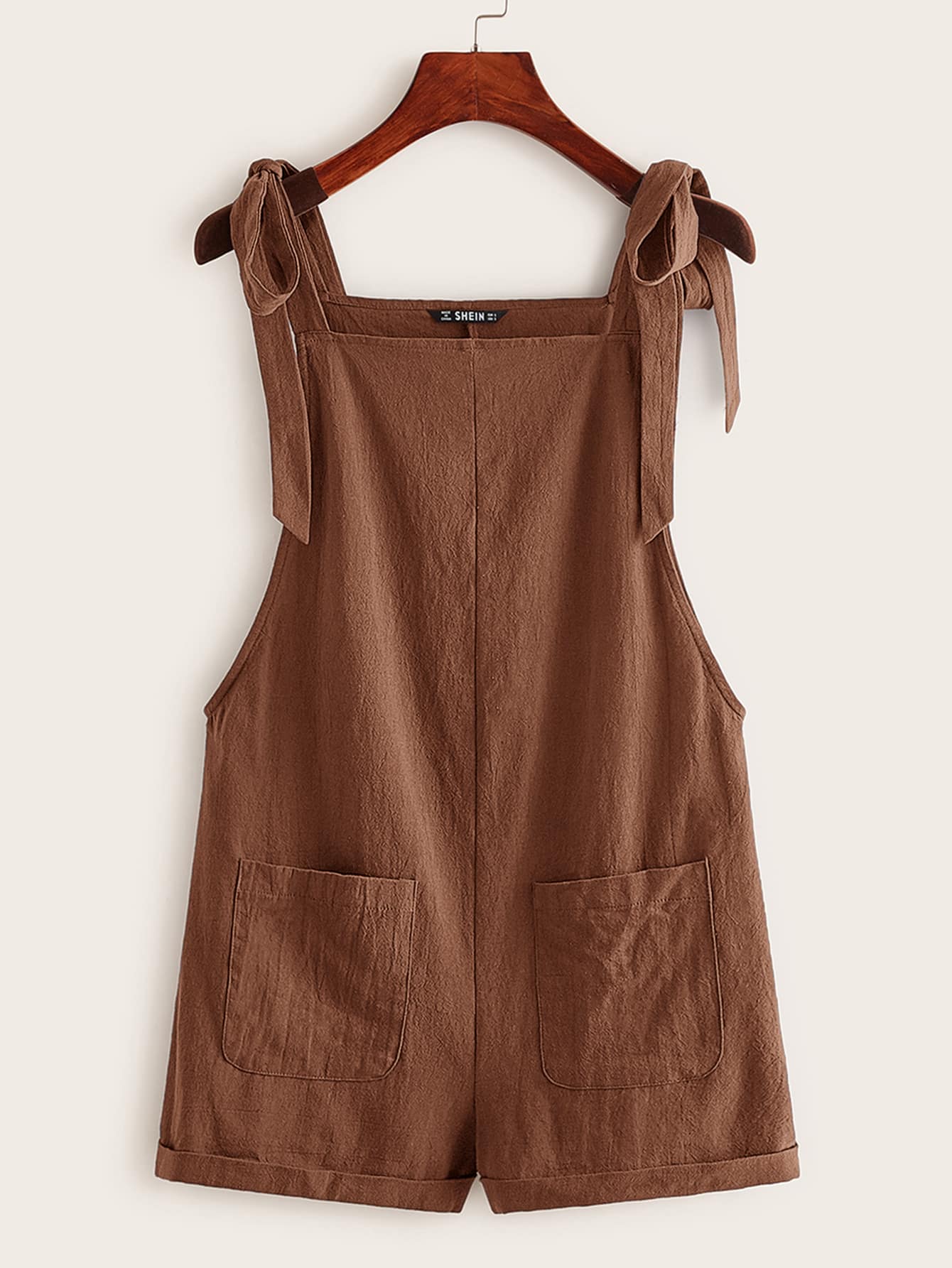 EZwear Summer Casual And Loose Black Knot Strap Pocket Patched Pinafore Short Romper