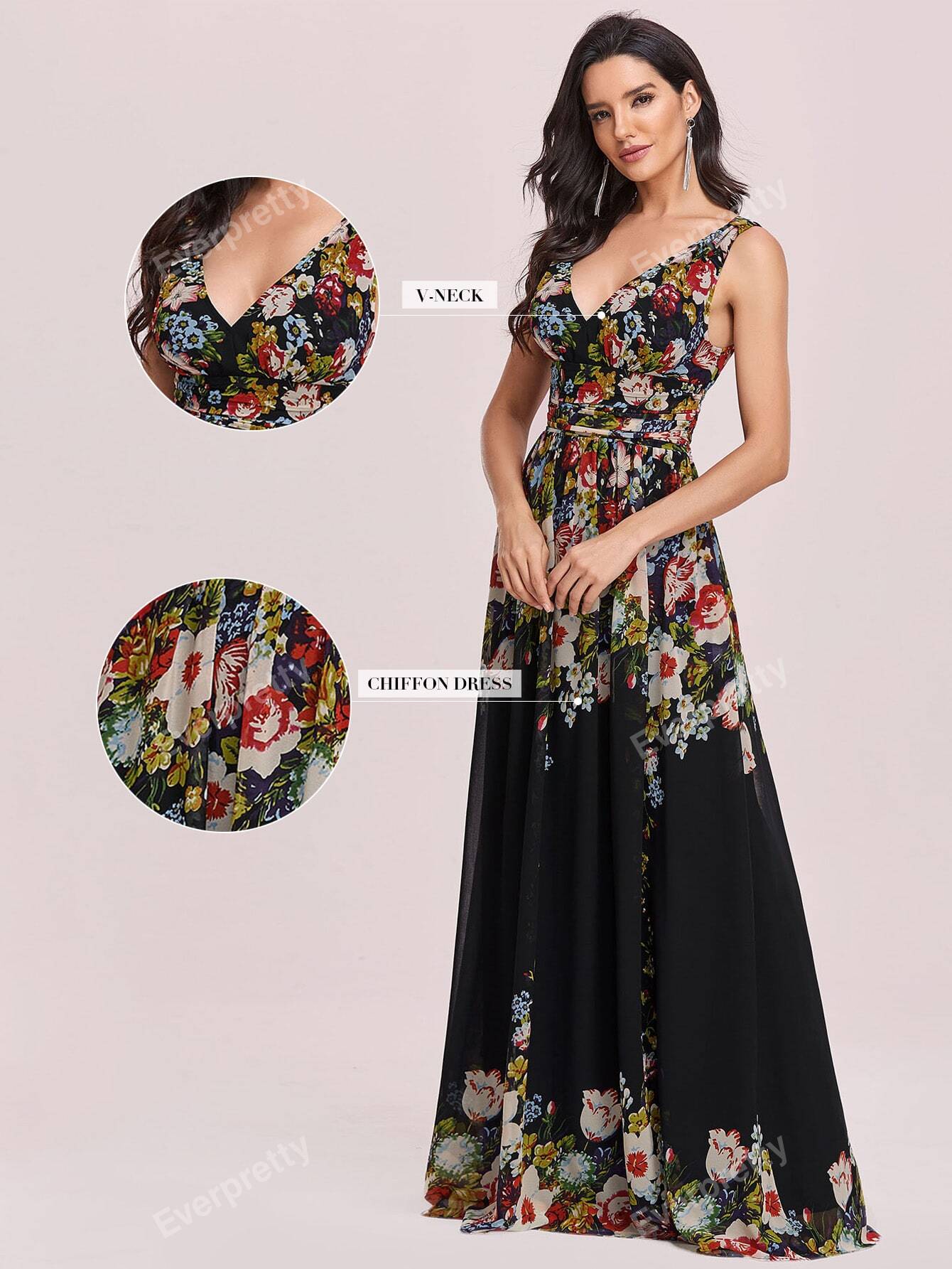 EVER-PRETTY Double V Neck Floral Print Formal Evening Gown