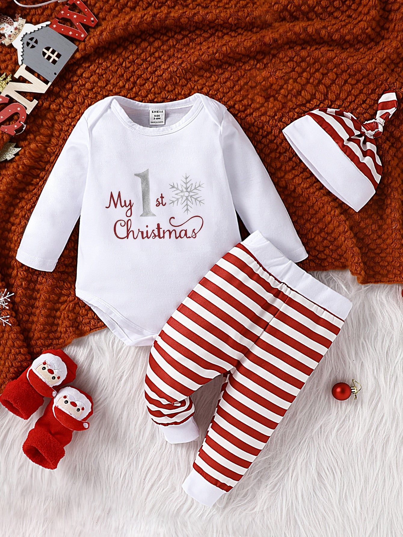 Baby Boy Christmas Print Bodysuit & Striped Sweatpants for Christmas