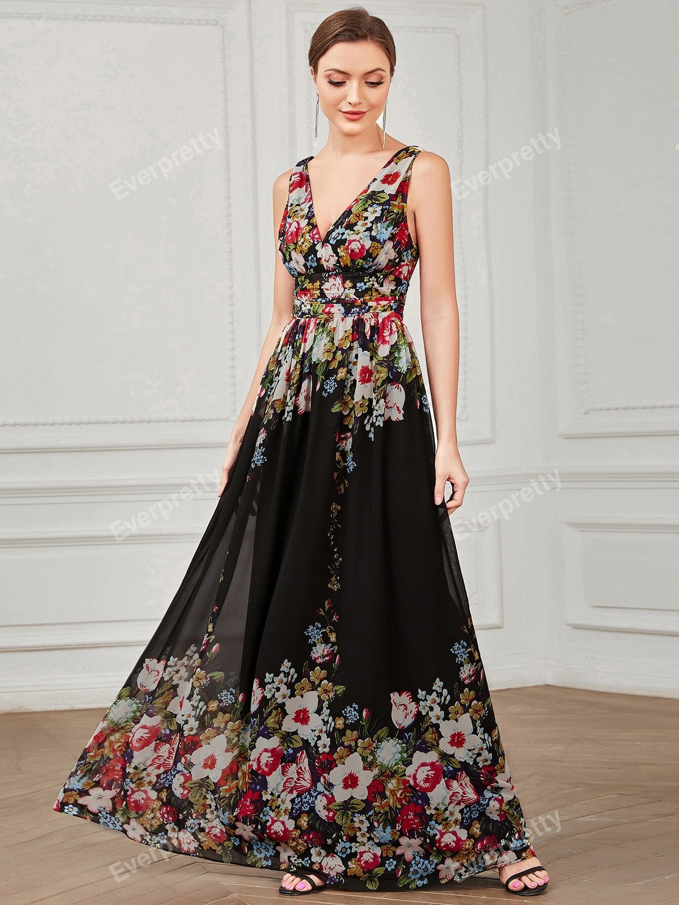 EVER-PRETTY Double V Neck Floral Print Formal Evening Gown