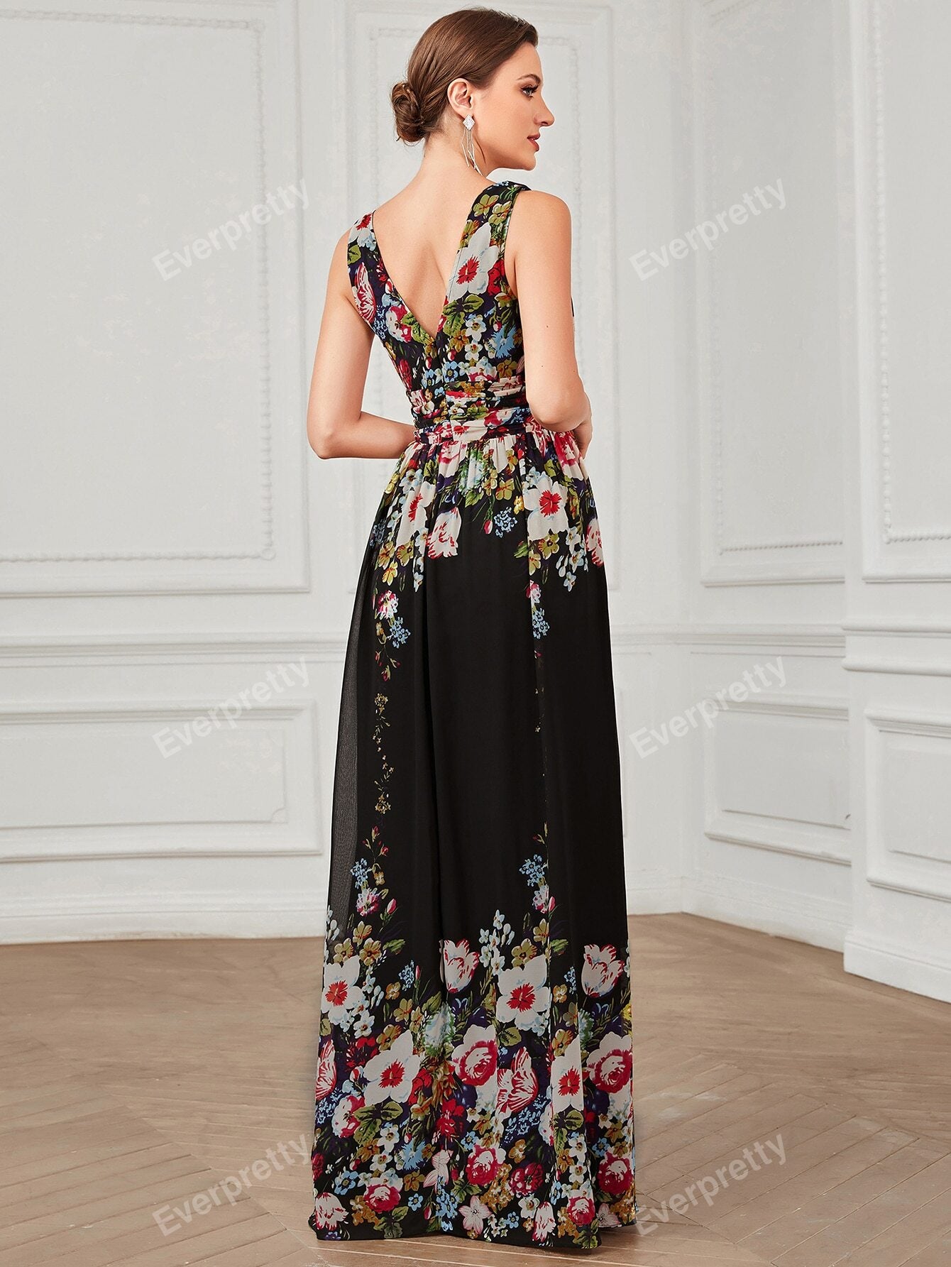 EVER-PRETTY Double V Neck Floral Print Formal Evening Gown