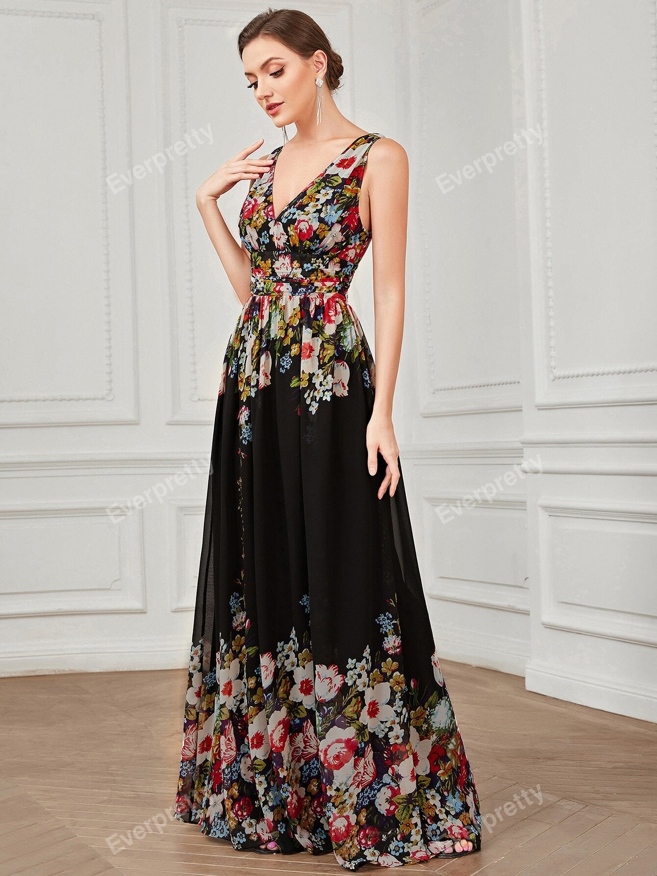 EVER-PRETTY Double V Neck Floral Print Formal Evening Gown