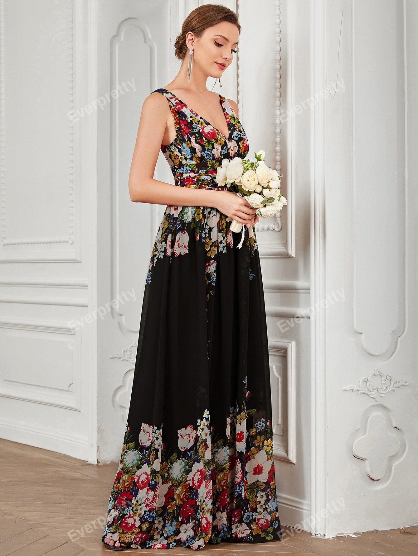 EVER-PRETTY Double V Neck Floral Print Formal Evening Gown