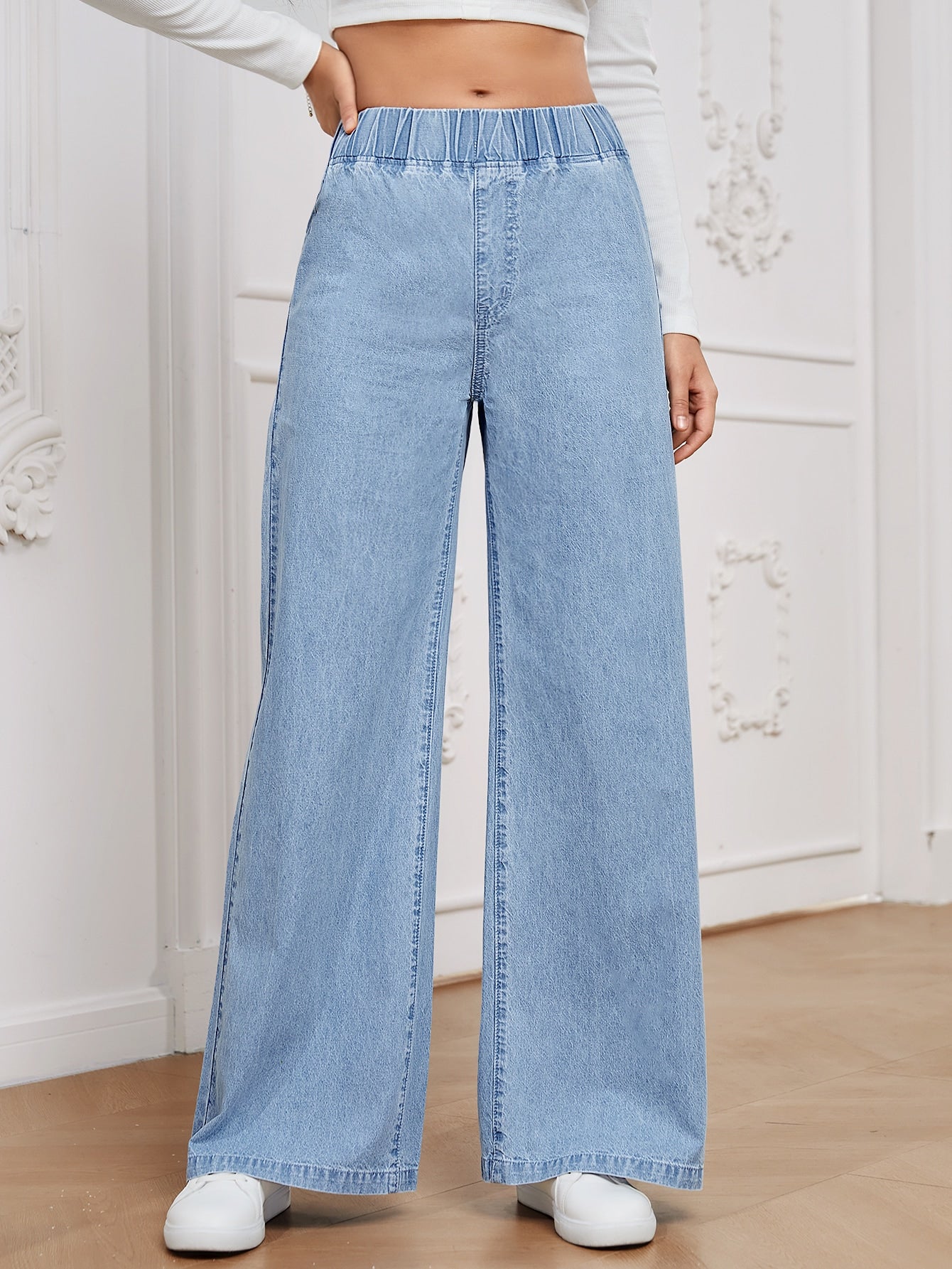 Essnce Women All-Match Casual Elastic Waisted Wide Leg Relaxed Regular Mid-Blue Woven Thin Material Jeans