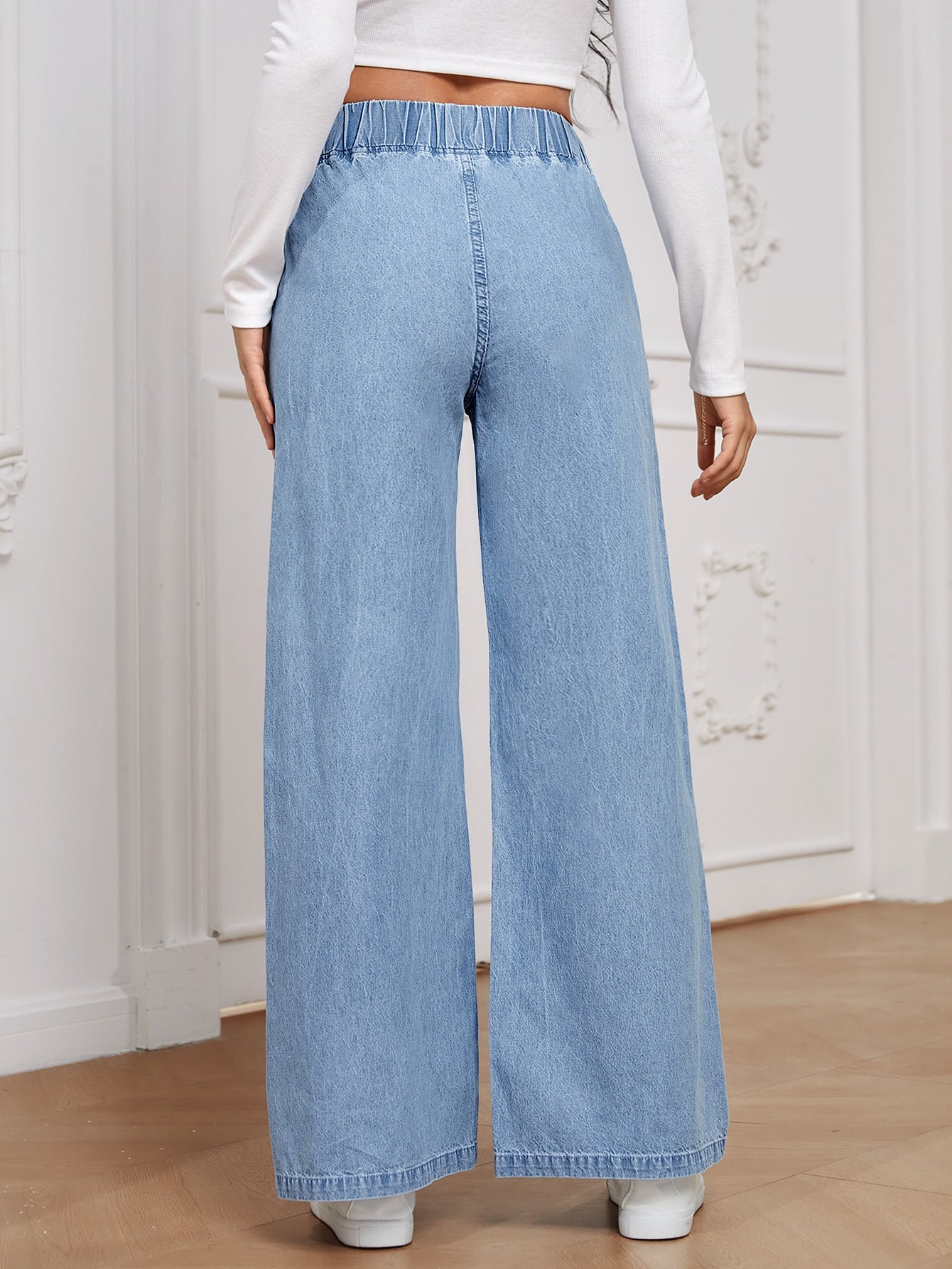 Essnce Women All-Match Casual Elastic Waisted Wide Leg Relaxed Regular Mid-Blue Woven Thin Material Jeans