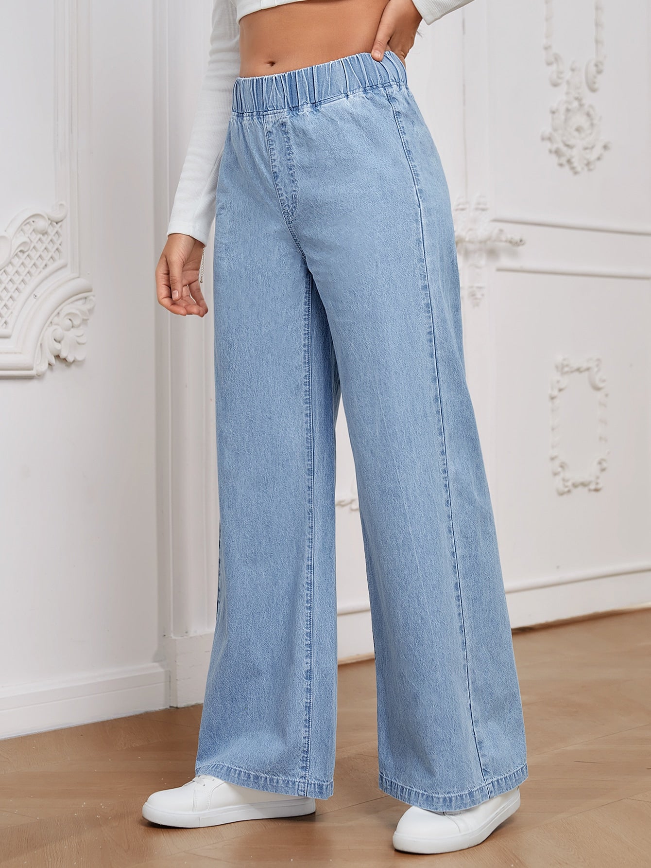 Essnce Women All-Match Casual Elastic Waisted Wide Leg Relaxed Regular Mid-Blue Woven Thin Material Jeans