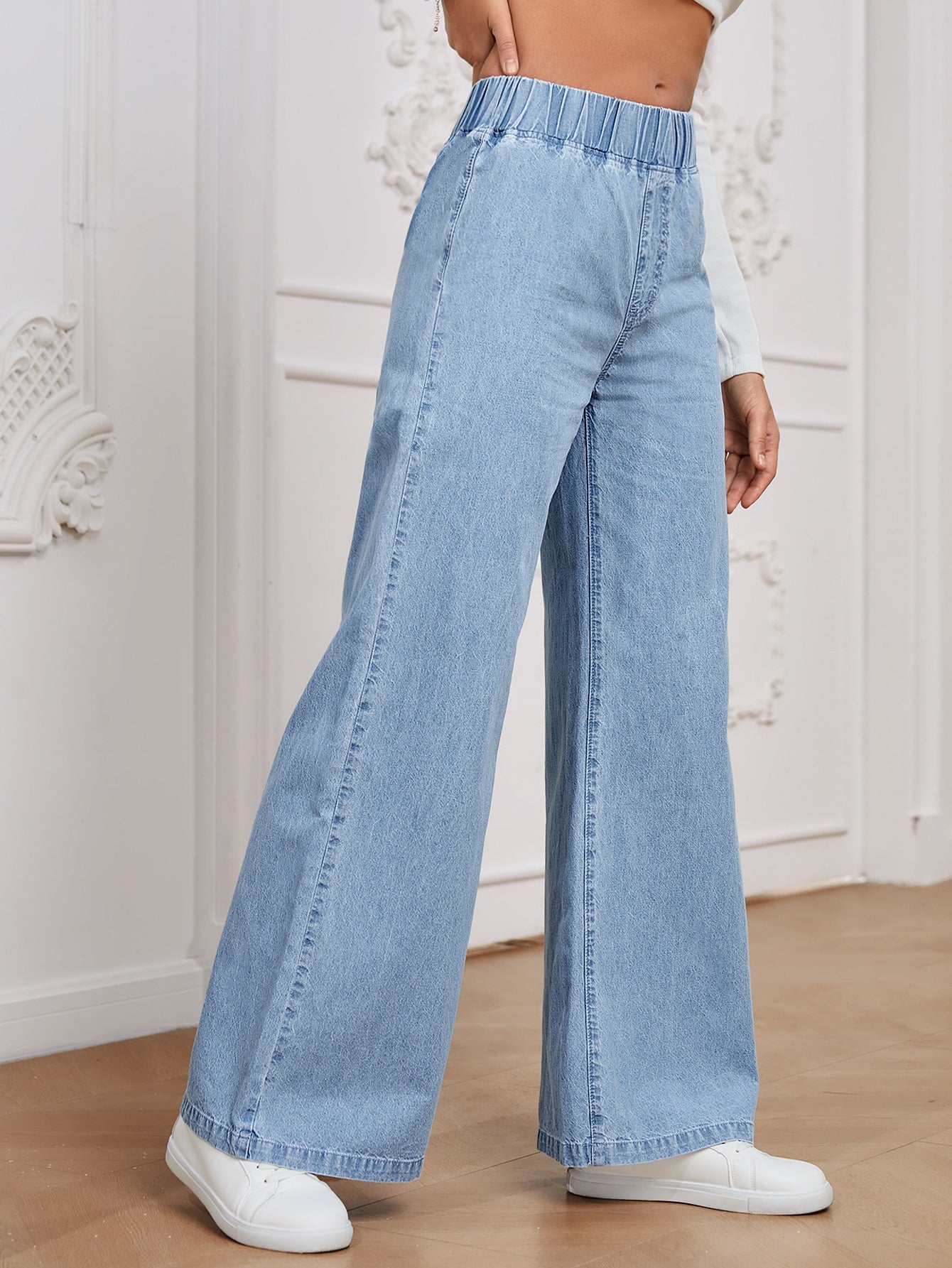 Essnce Women All-Match Casual Elastic Waisted Wide Leg Relaxed Regular Mid-Blue Woven Thin Material Jeans