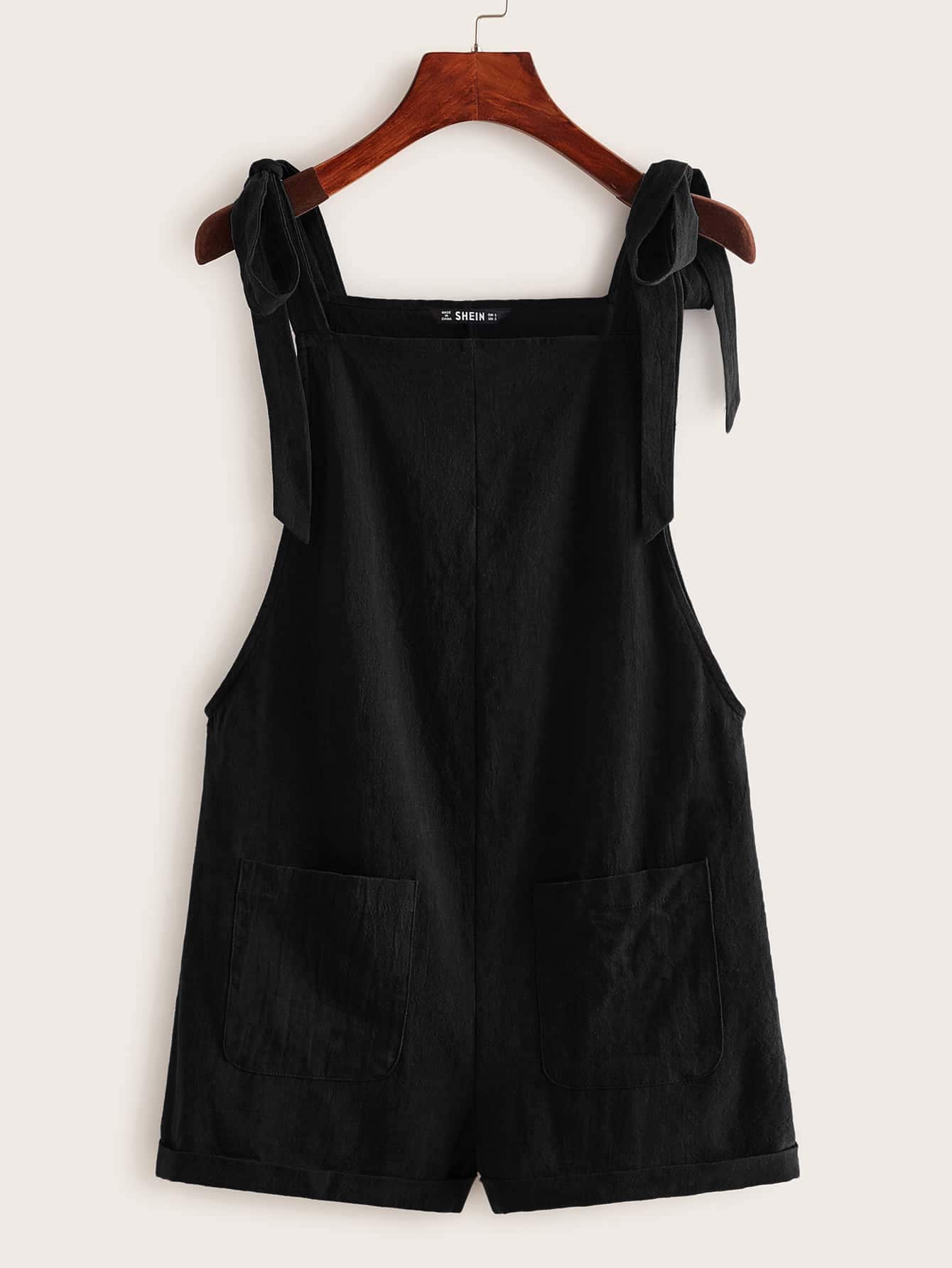 EZwear Summer Casual And Loose Black Knot Strap Pocket Patched Pinafore Short Romper