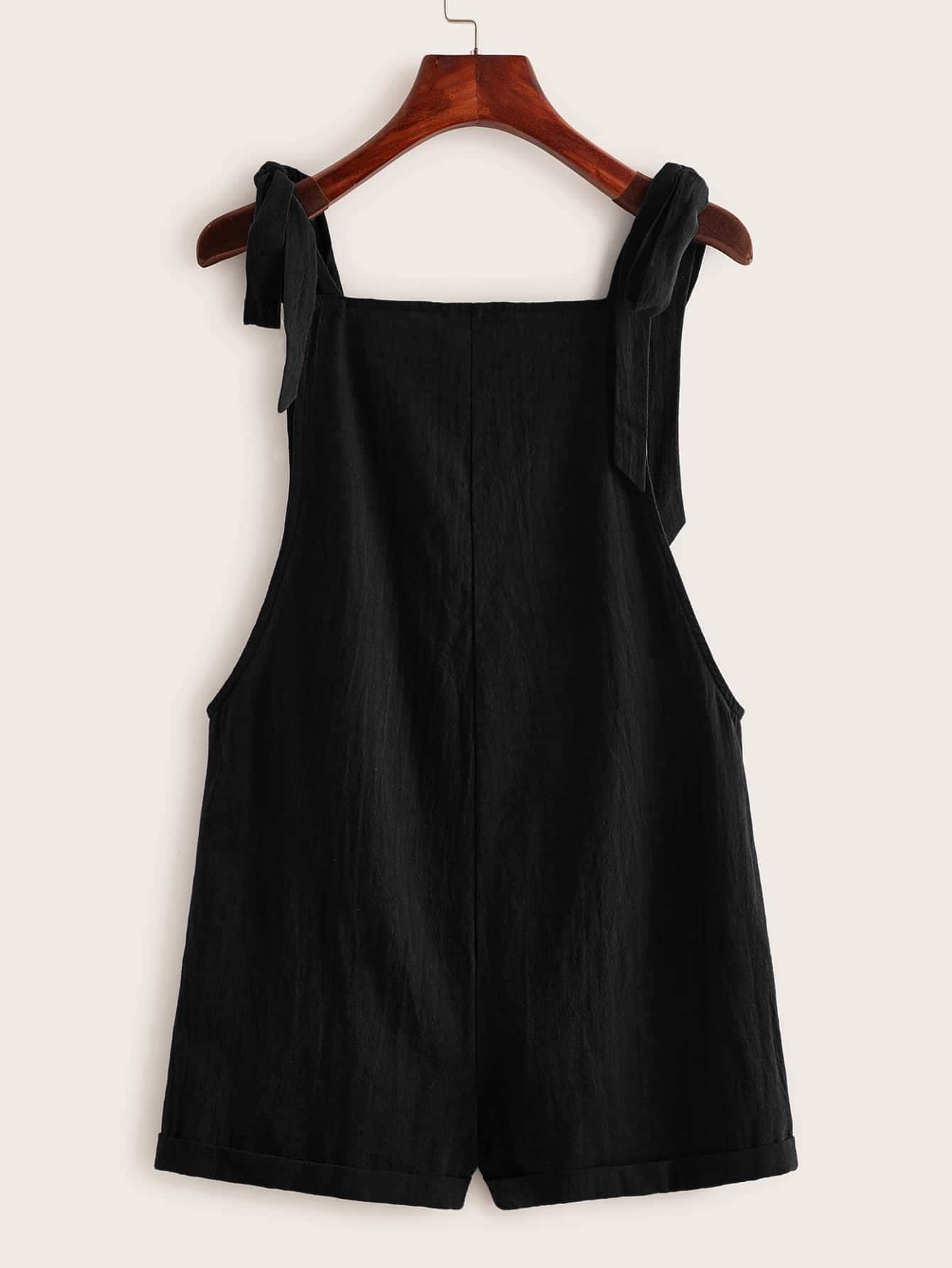 EZwear Summer Casual And Loose Black Knot Strap Pocket Patched Pinafore Short Romper