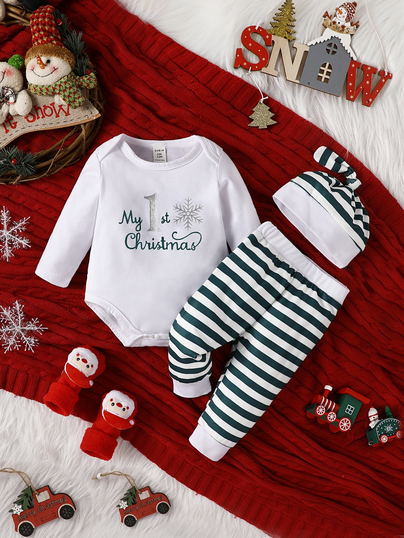 Baby Boy Christmas Print Bodysuit & Striped Sweatpants for Christmas