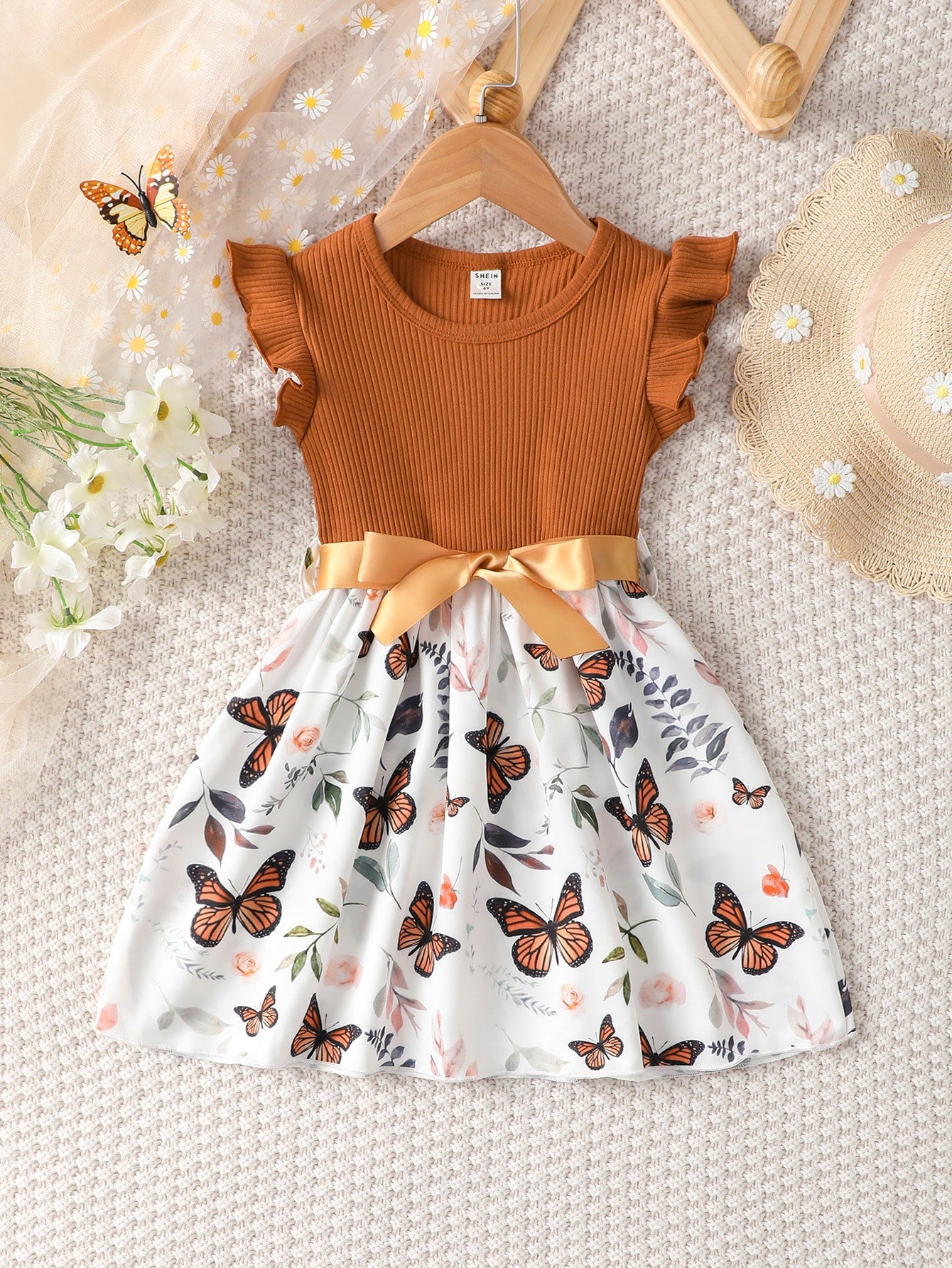 Young Girl Butterfly & Plant Print Belted Dress