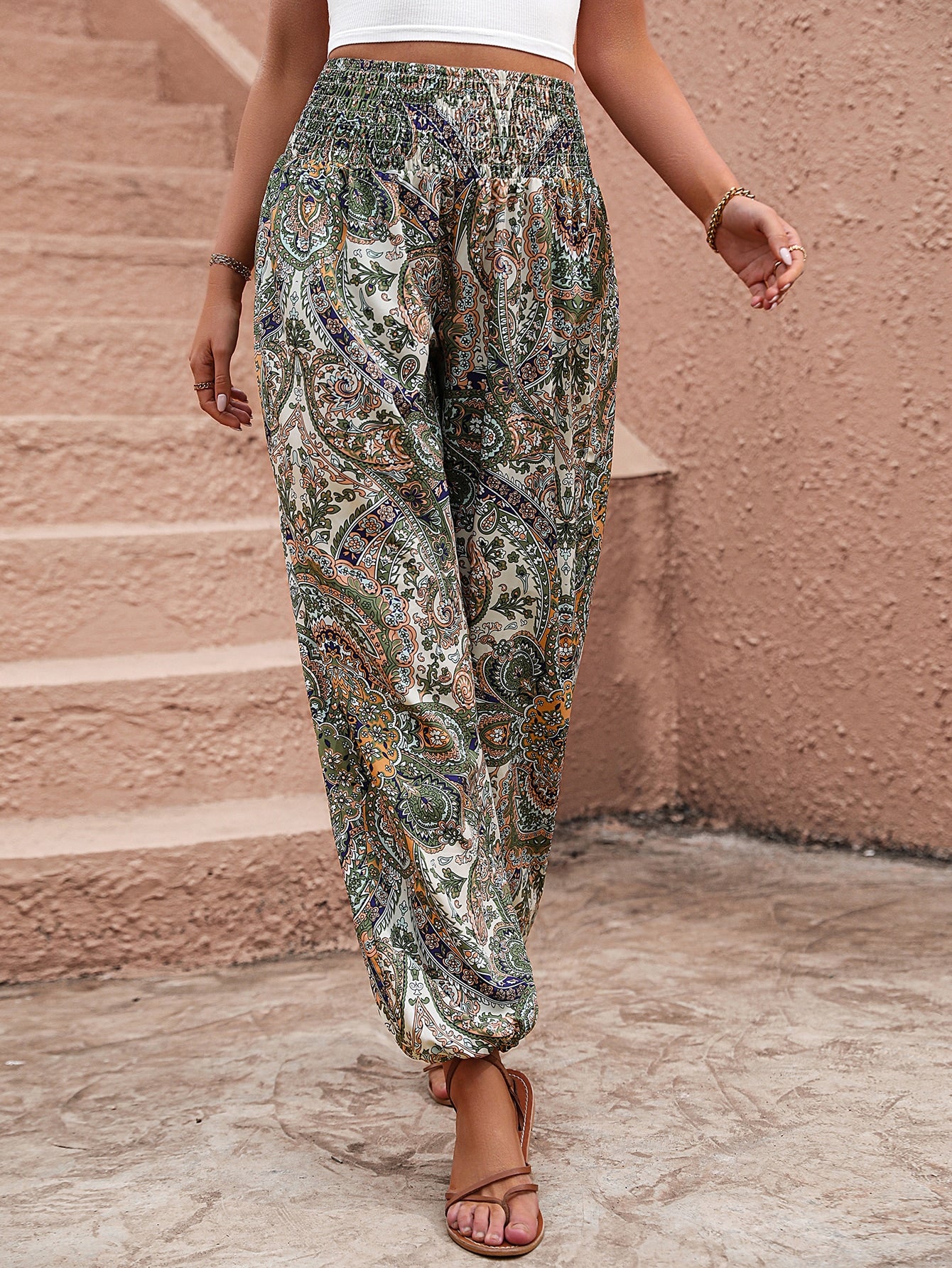 Holidaya Paisley Print Drawstring Waist Tapered Leg Casual Palazzo Pants