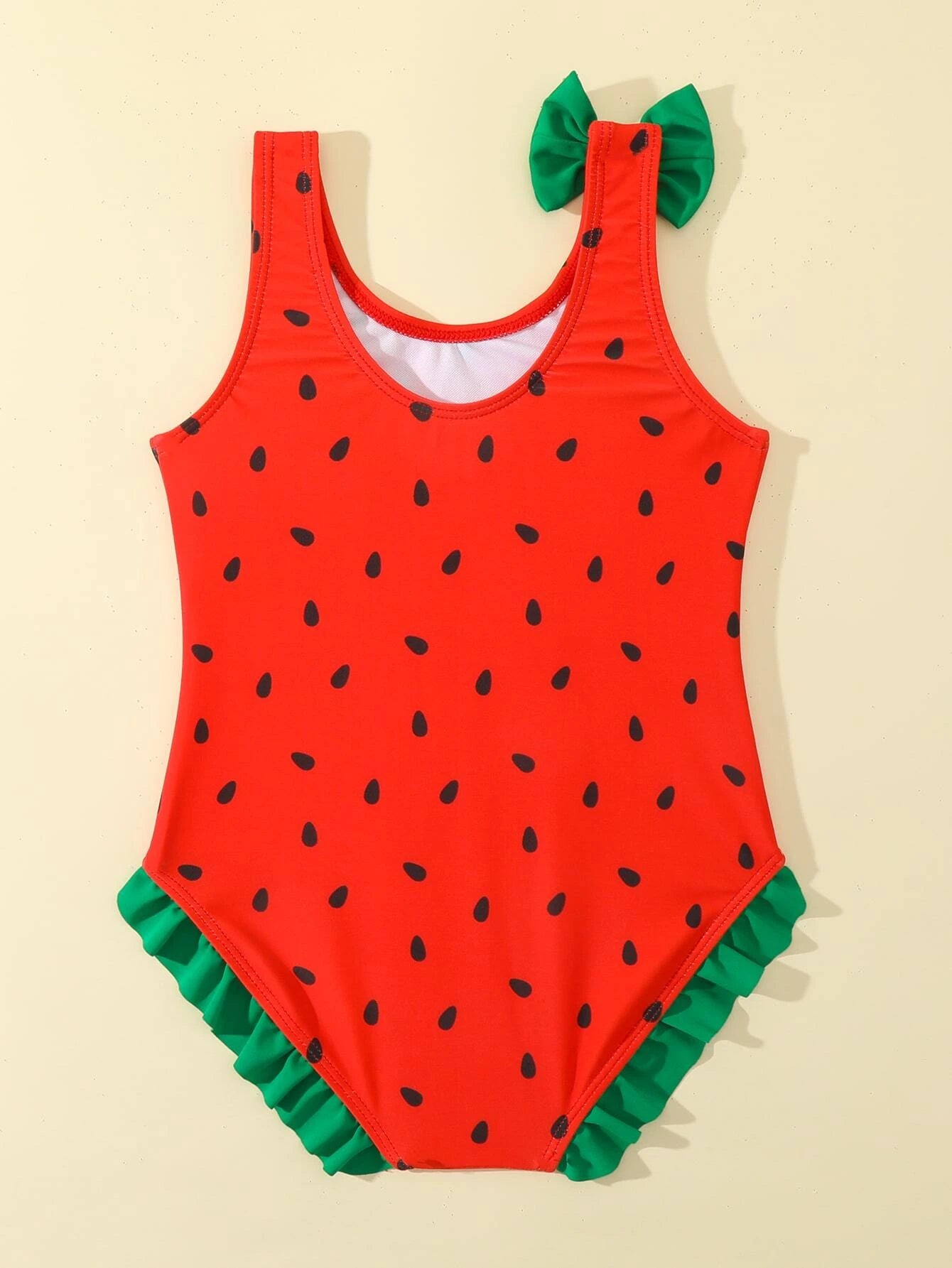 Young Girl Watermelon Print Bow Decor One Piece Swimsuit