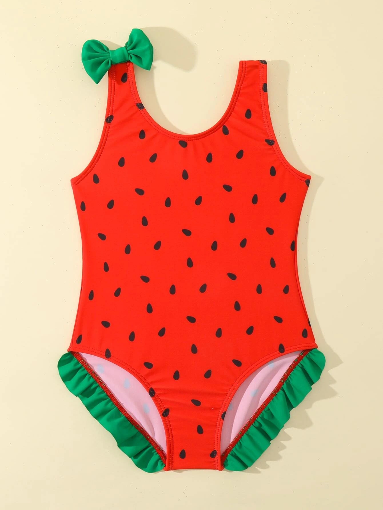 Young Girl Watermelon Print Bow Decor One Piece Swimsuit