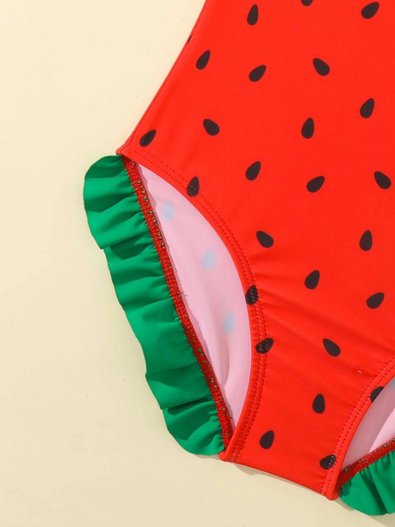 Young Girl Watermelon Print Bow Decor One Piece Swimsuit