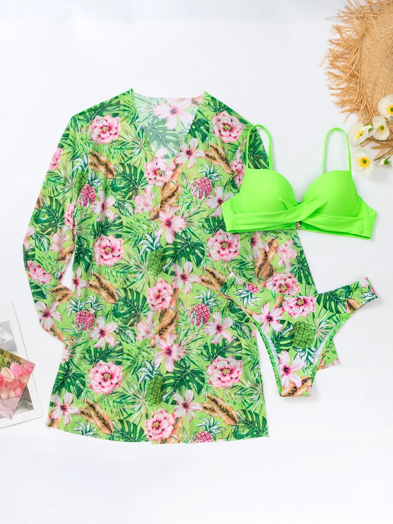 Swim Summer Beach Tropical Print Push Up Bikini Set With Kimono