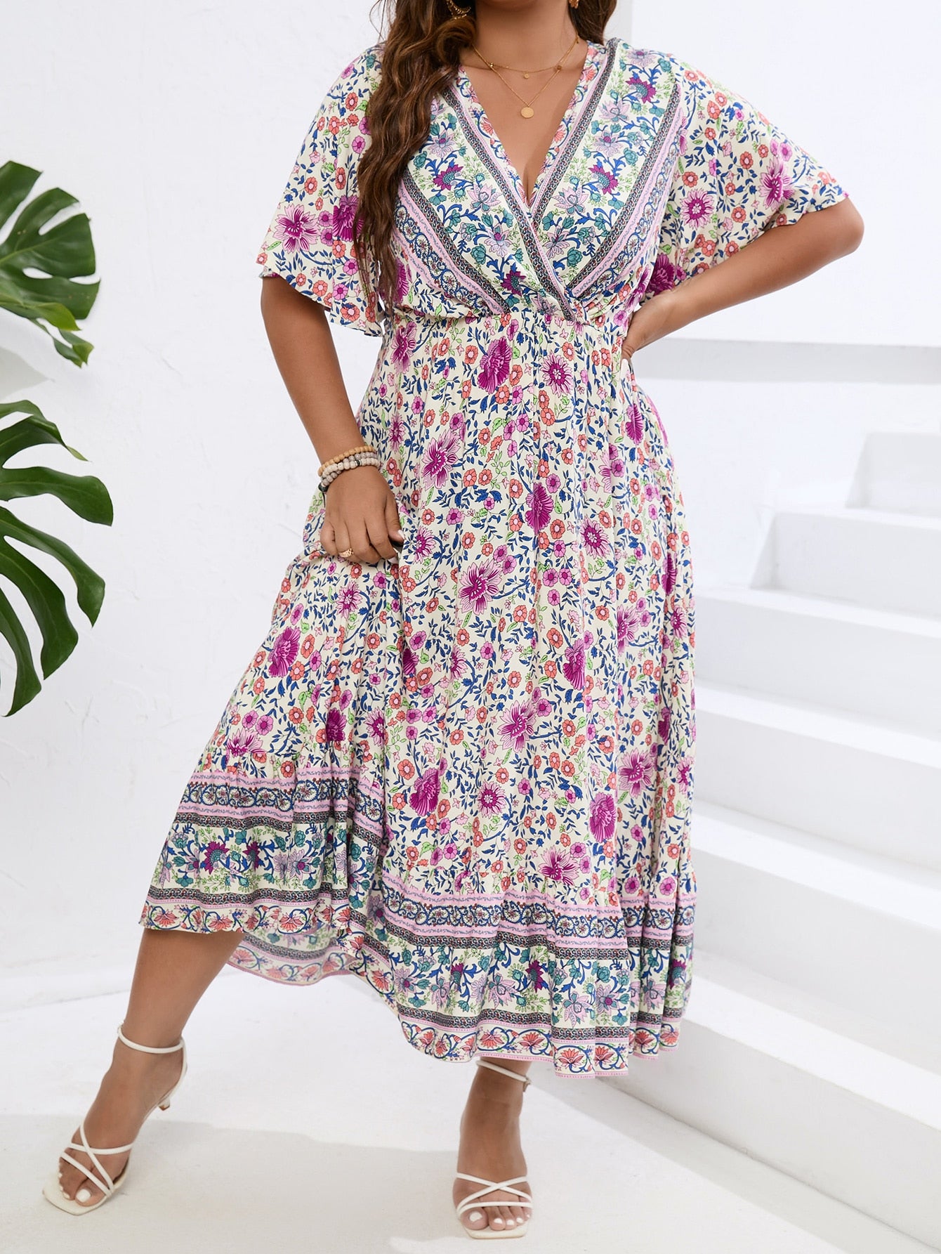 Plus Floral Print Butterfly Sleeve Dress Maxi Women Outfit