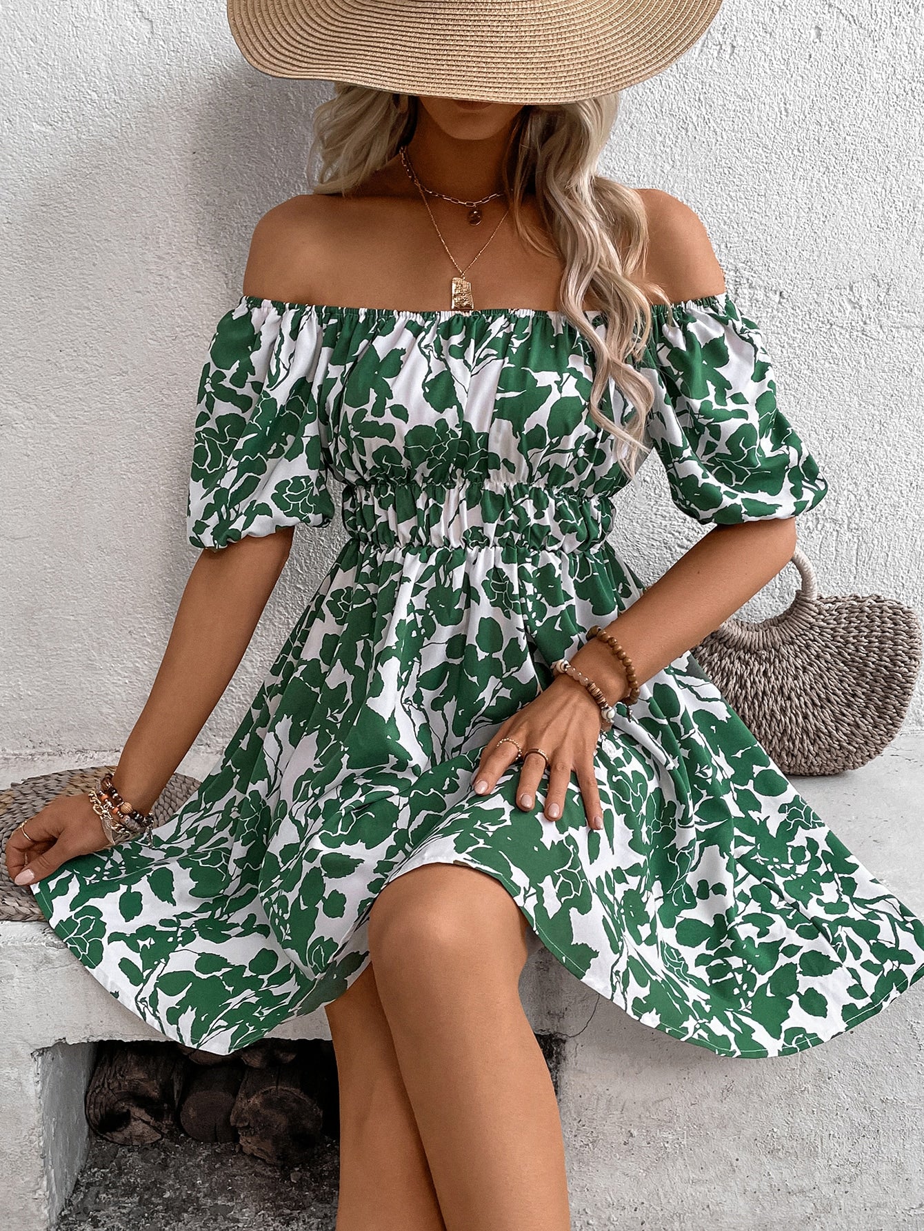 Holidaya Floral Print Off Shoulder Dress Vacation Beach Outfits Women