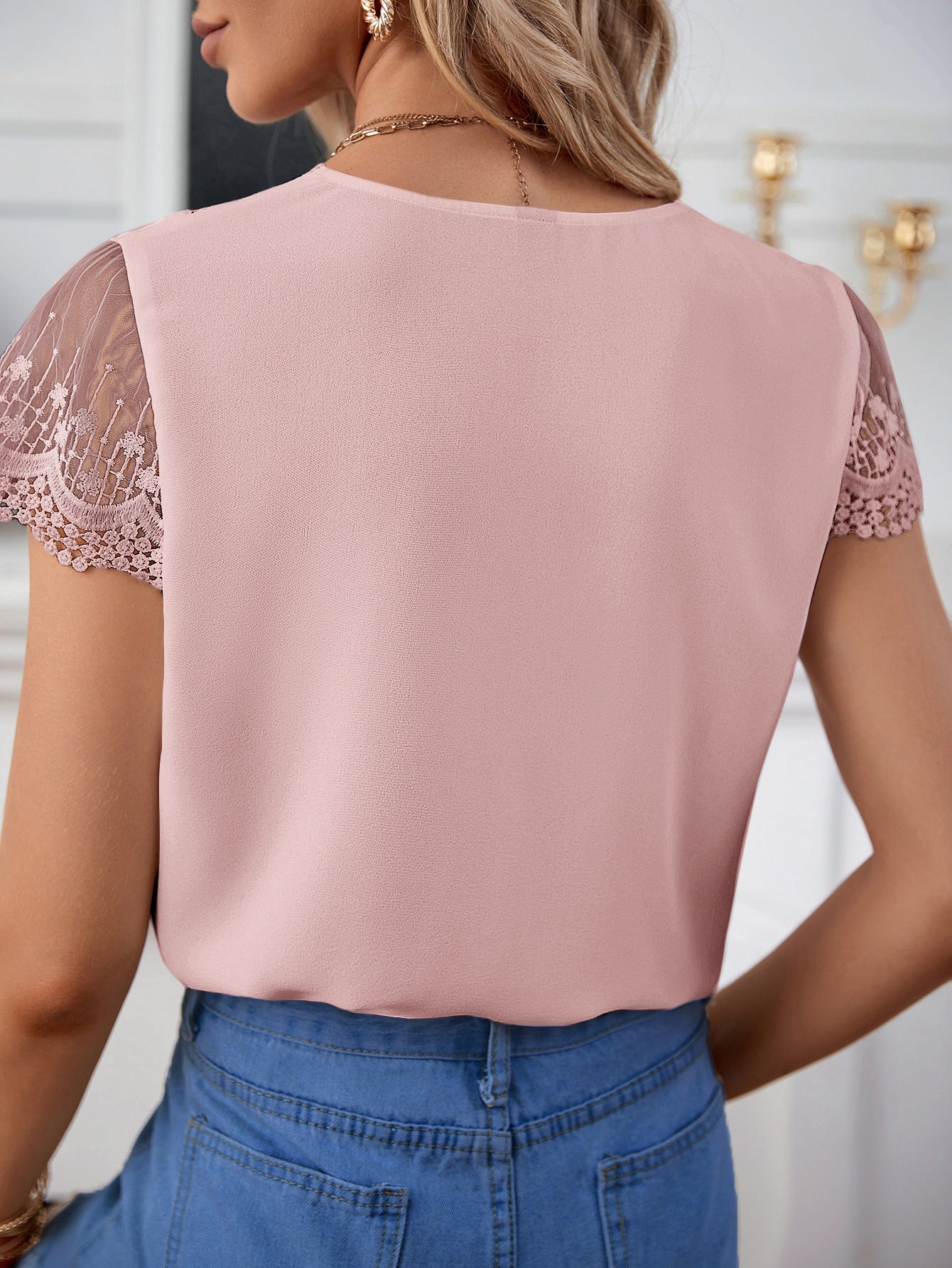 Frenchy Contrast Lace V Neck Blouse