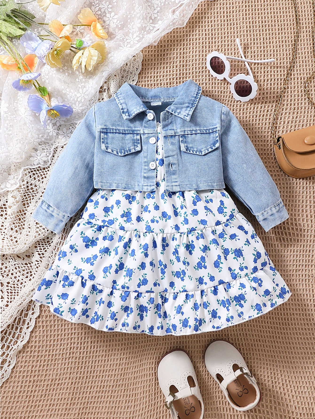 Baby Girl Flap Pocket Denim Jacket & Floral Print Ruffle Hem Cami Dress