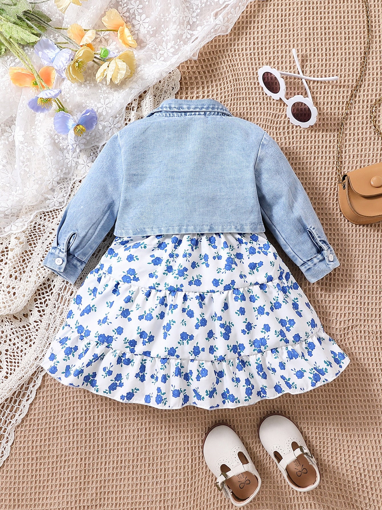 Baby Girl Flap Pocket Denim Jacket & Floral Print Ruffle Hem Cami Dress