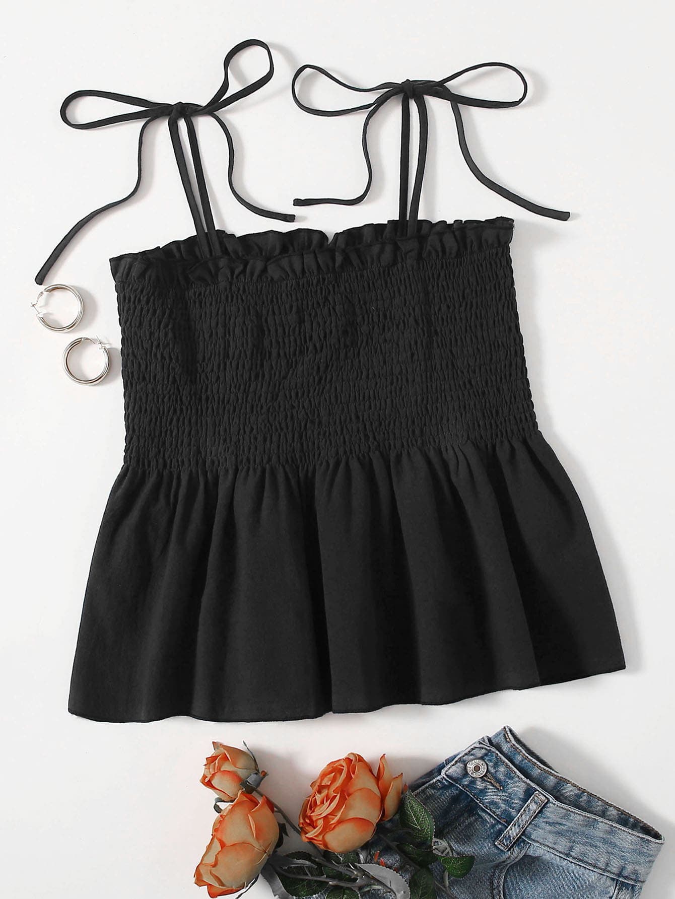 VCAY Knot Shoulder Ruffle Hem Cami Top