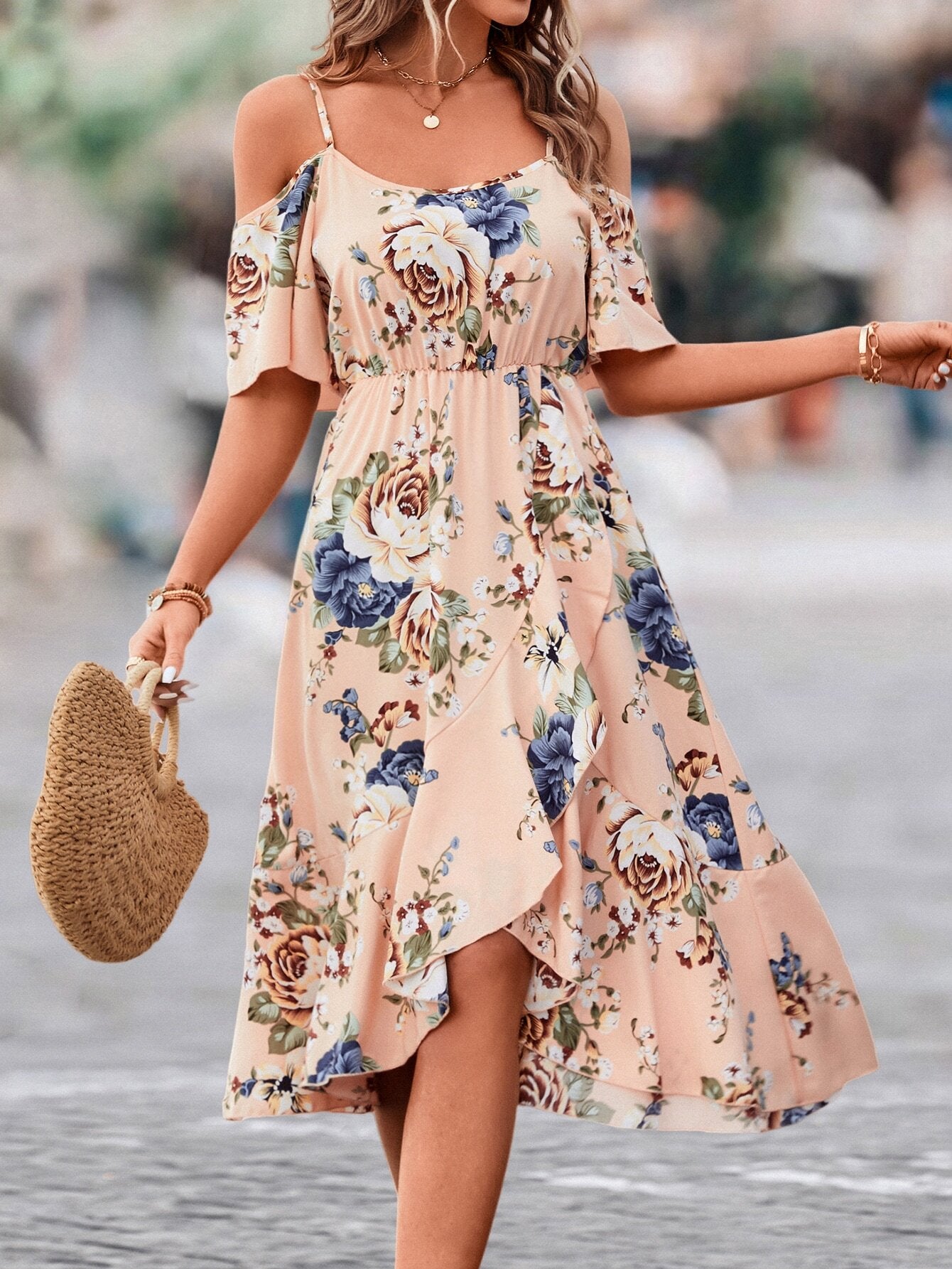 SHEIN Clasi Women's Floral Open Shoulder Asymmetrical Hem Vacation Casual Summer Dress