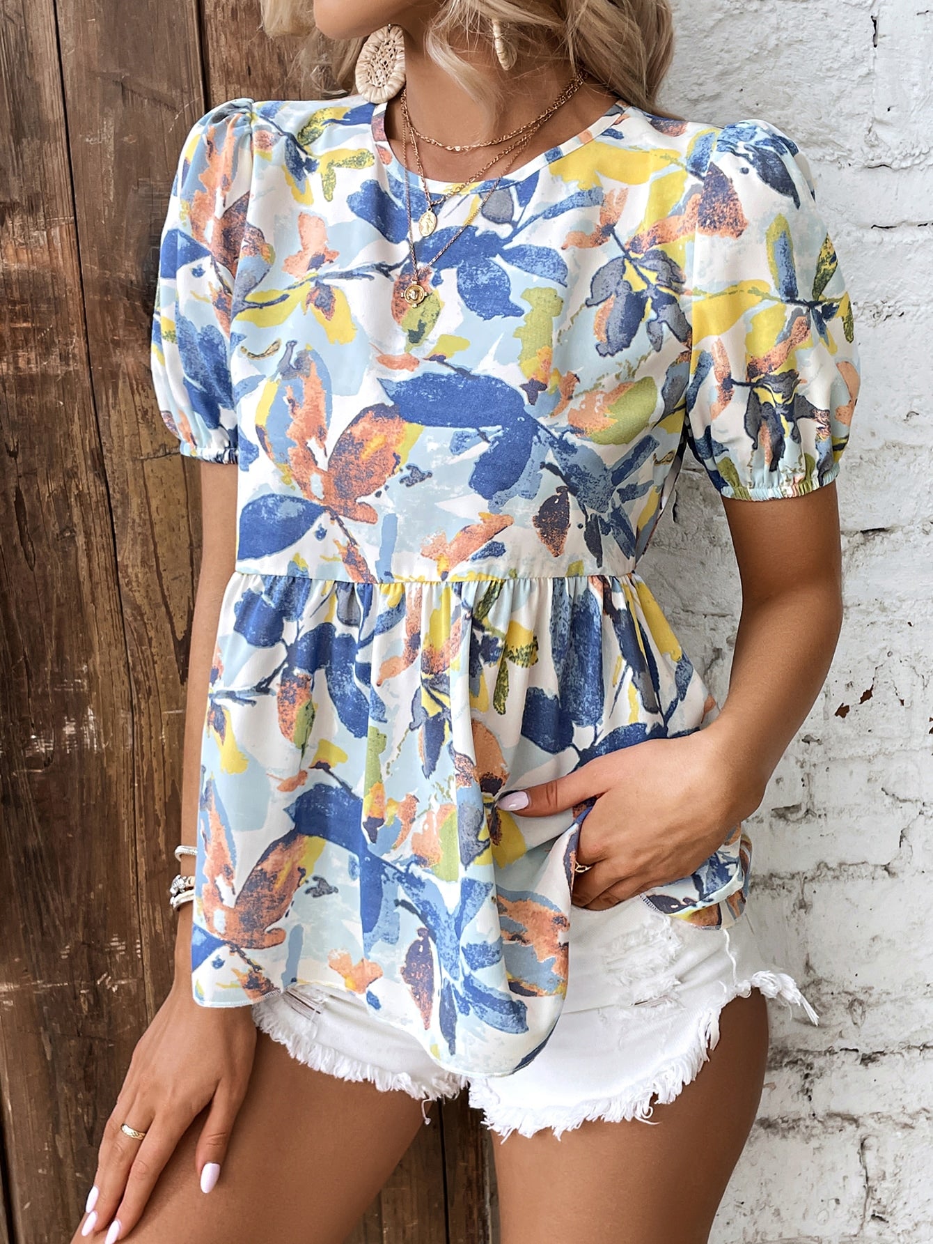 VCAY Floral Print Puff Sleeve Peplum Blouse