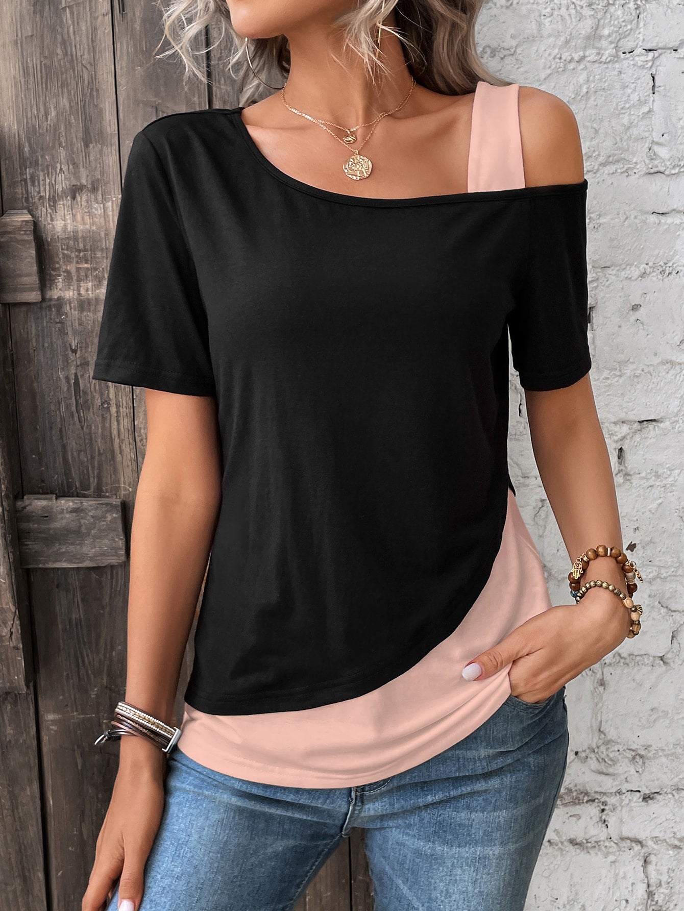 LUNE Leopard Print Spliced Asymmetrical Neckline T-Shirt