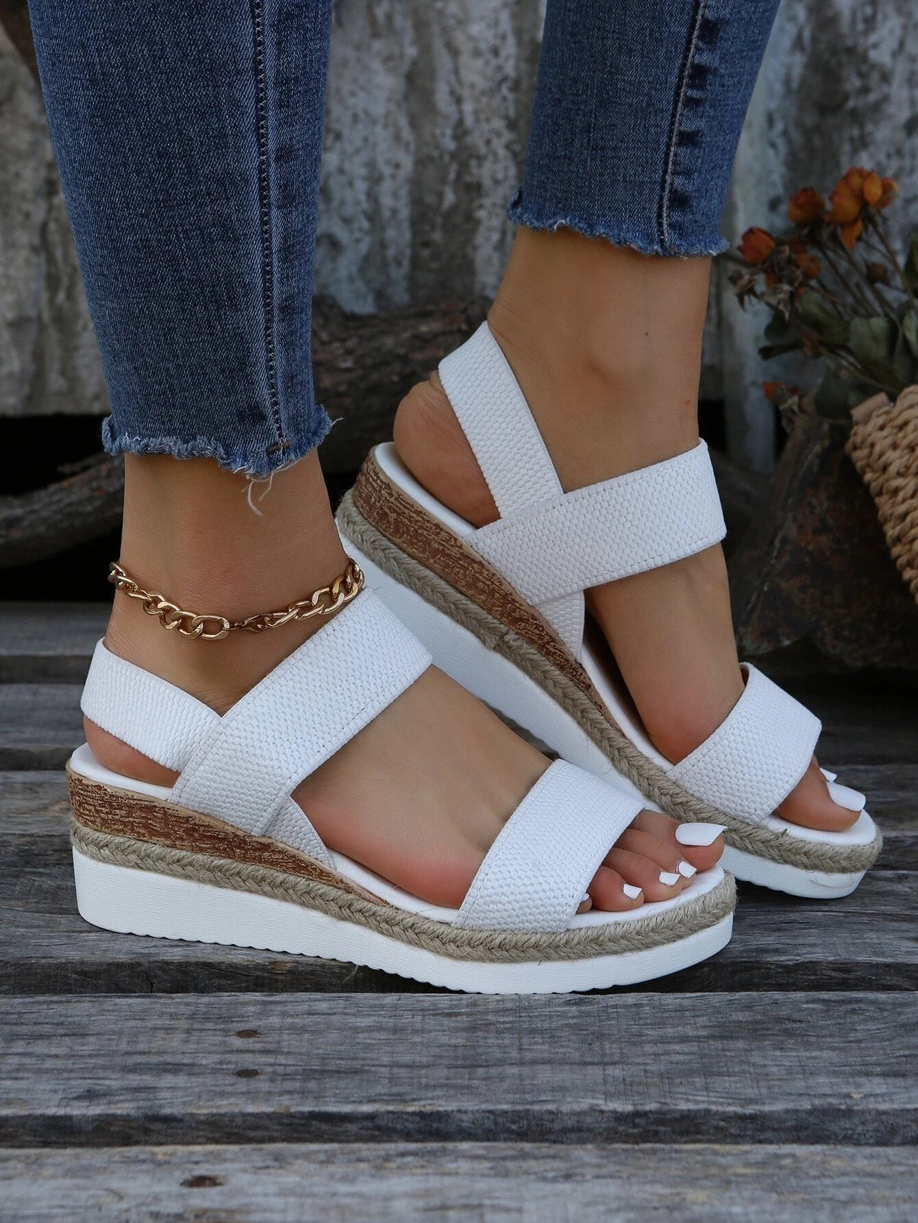 Women Double Band Slingback Sandals, Vacation Outdoor Fabric Wedge Sandals