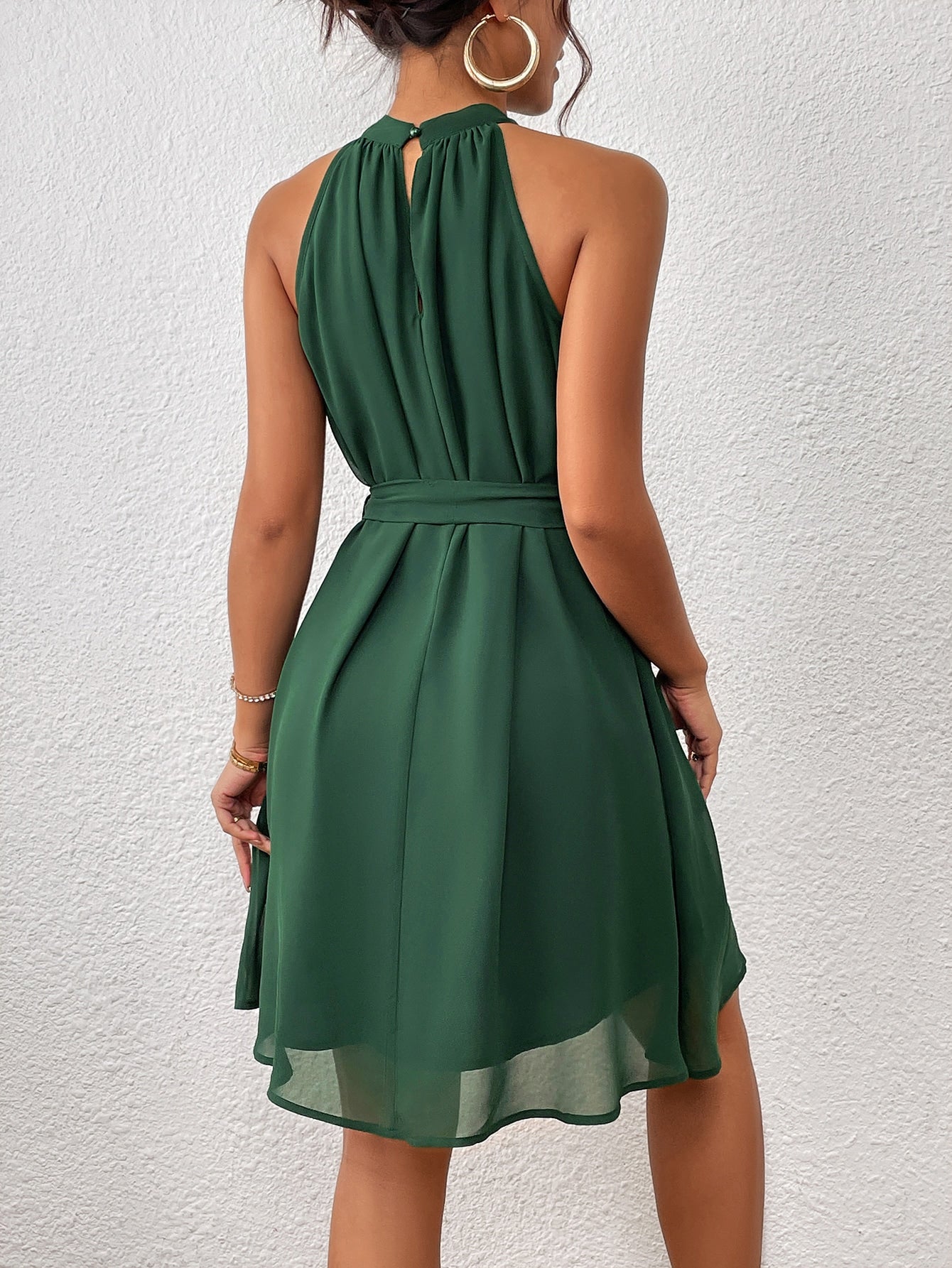 Privé Solid Belted Halter Dress