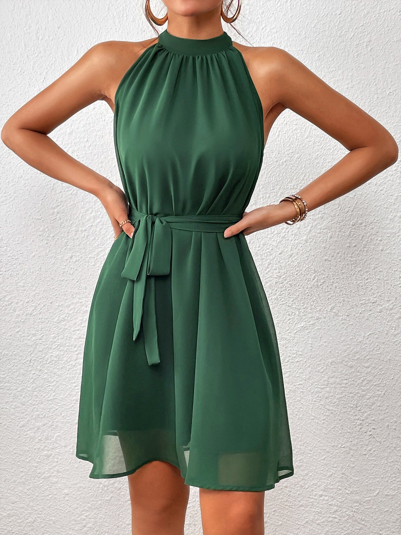 Privé Solid Belted Halter Dress