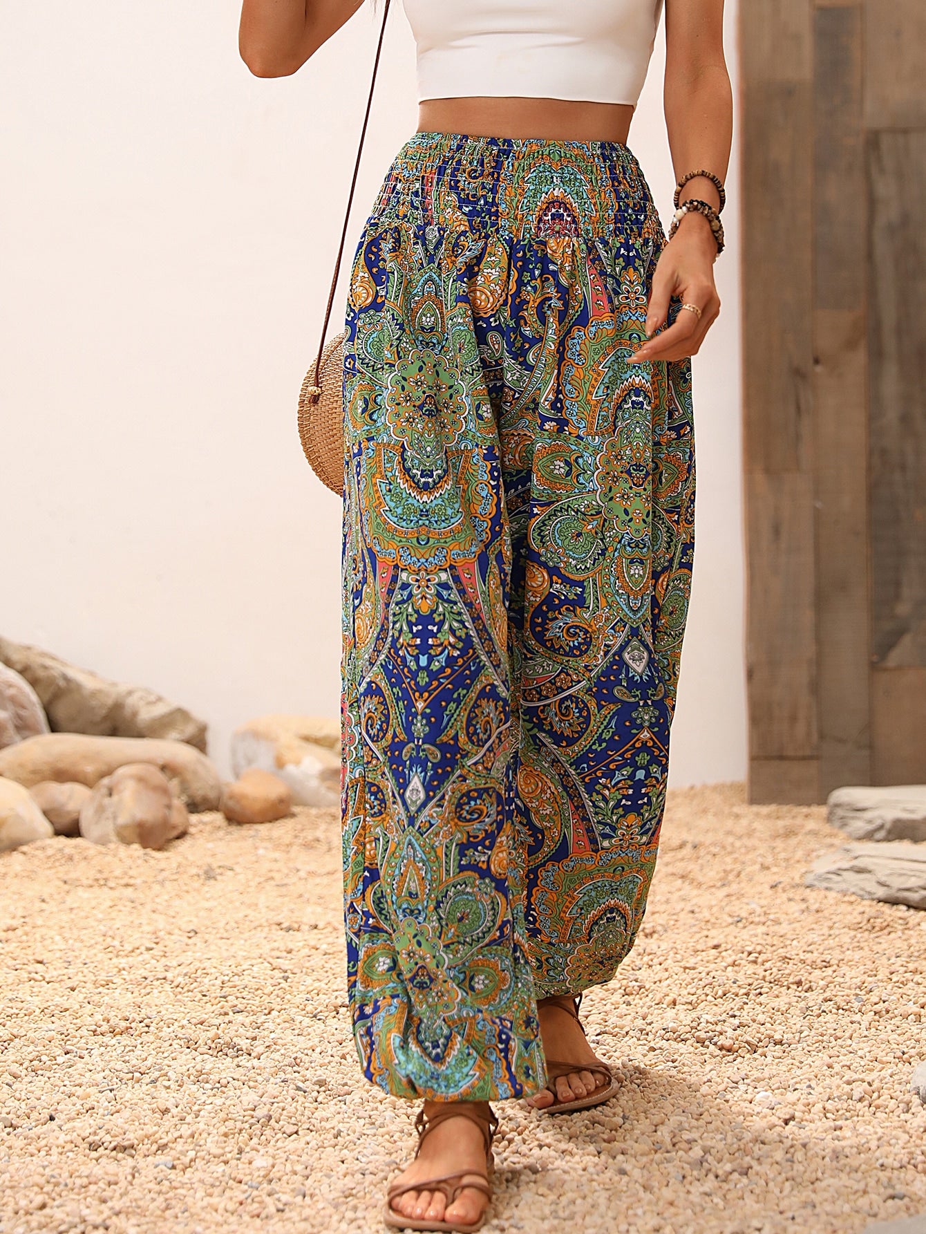 Holidaya Paisley Print Drawstring Waist Tapered Leg Casual Palazzo Pants