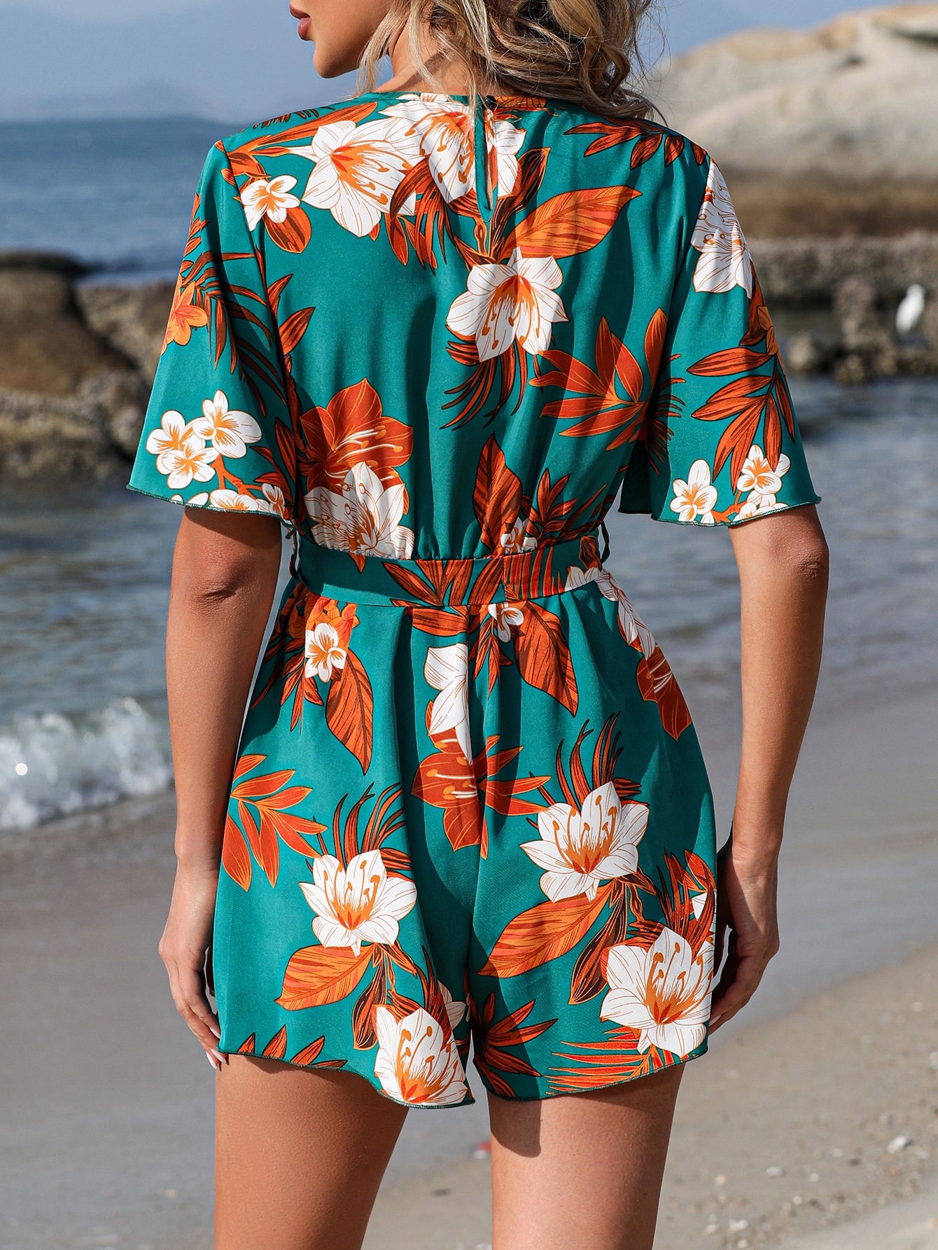 VCAY Floral Print Surplice Neck Belted Romper