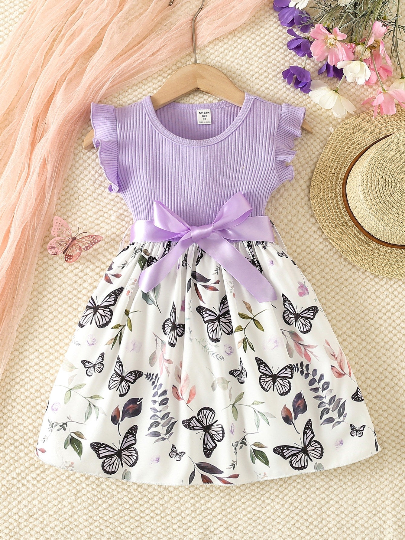 Young Girl Butterfly & Plant Print Belted Dress