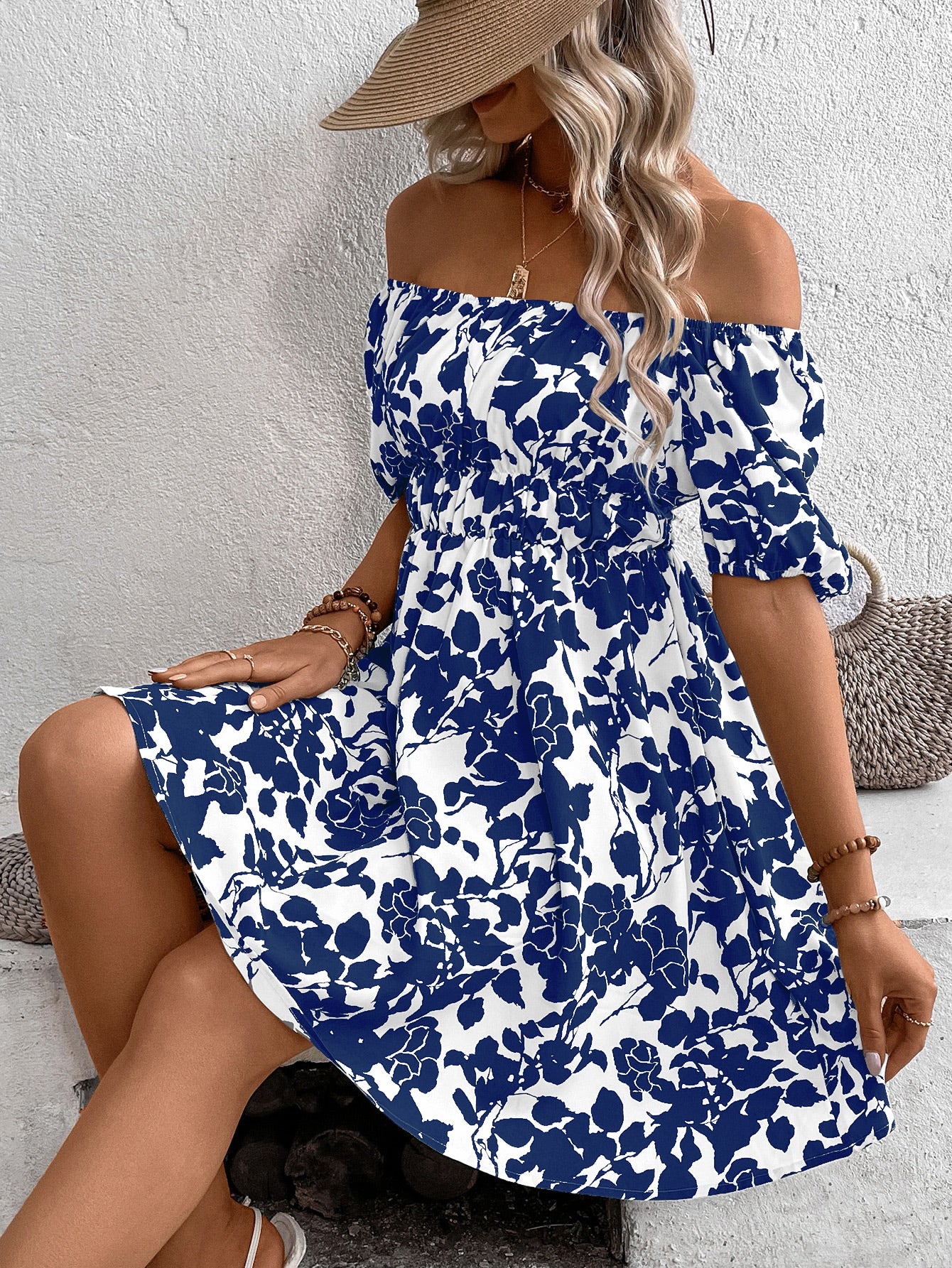 Holidaya Floral Print Off Shoulder Dress Vacation Beach Outfits Women