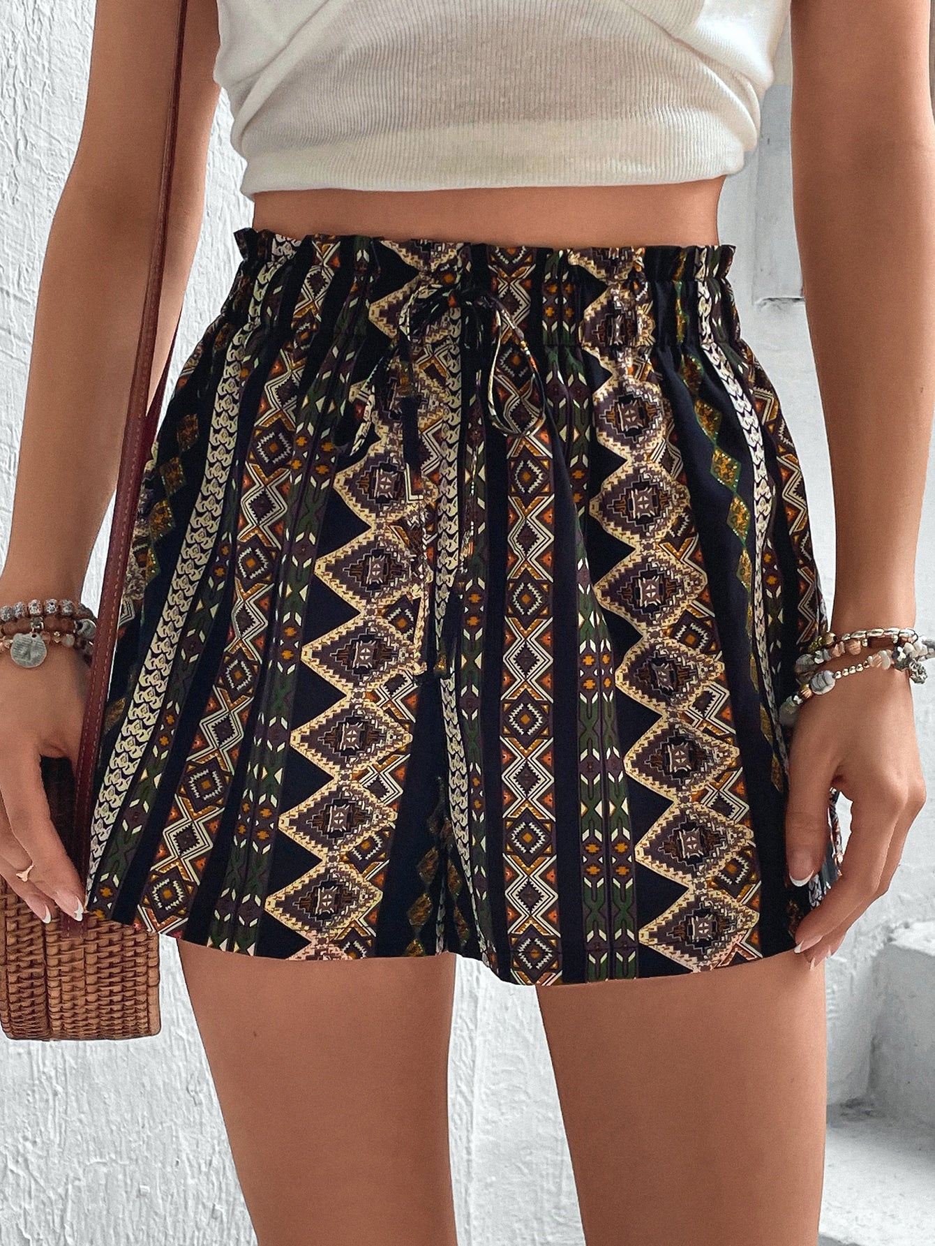 LUNE Geo Print Paperbag Waist Knot Front Shorts