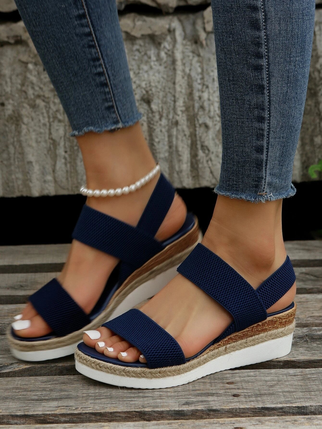 Women Double Band Slingback Sandals, Vacation Outdoor Fabric Wedge Sandals