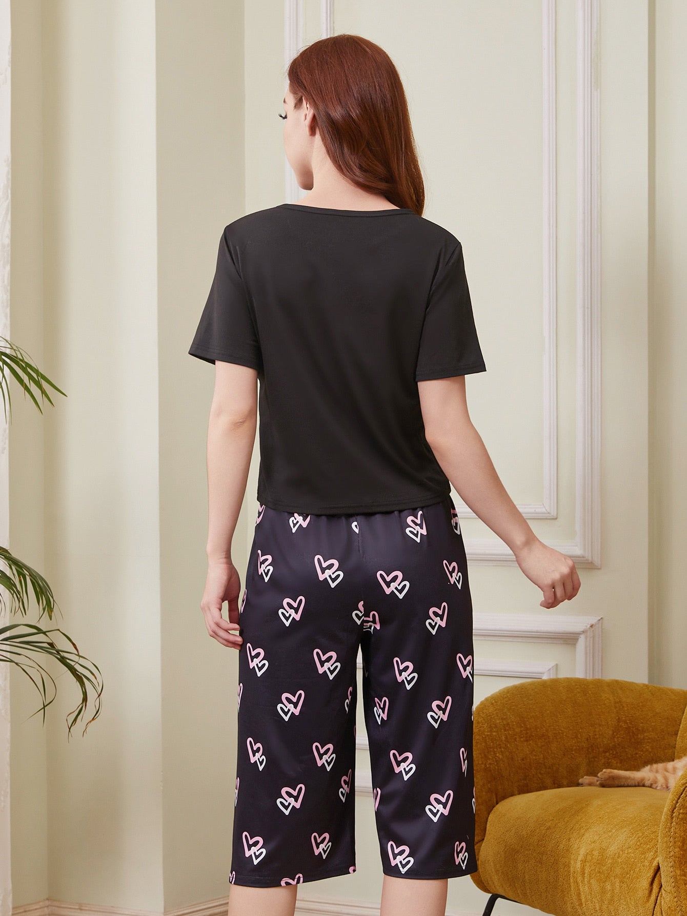 Heart Print Pocket Patched PJ Set / Pajama Set