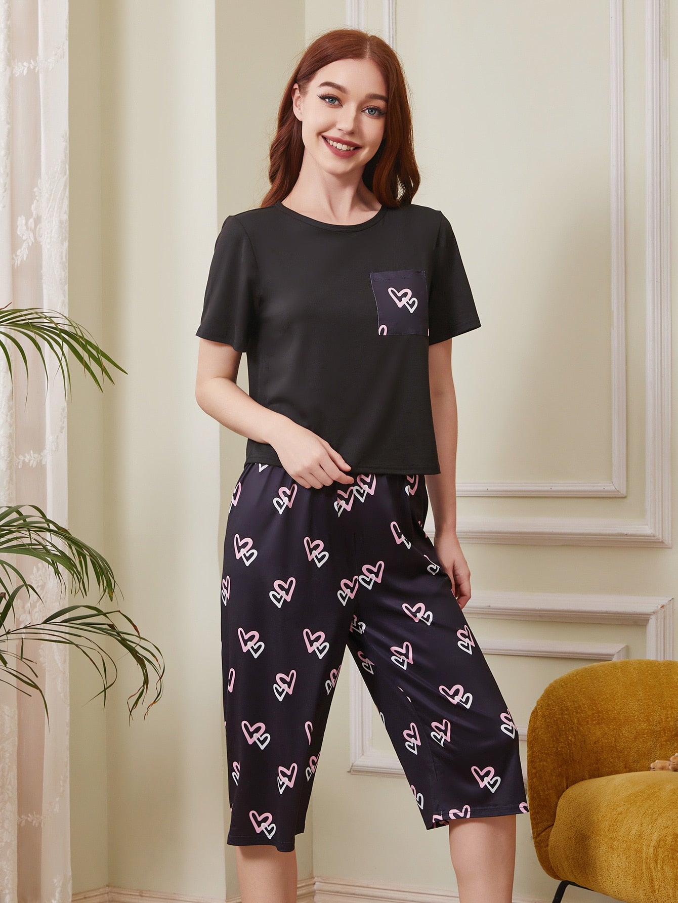 Heart Print Pocket Patched PJ Set / Pajama Set