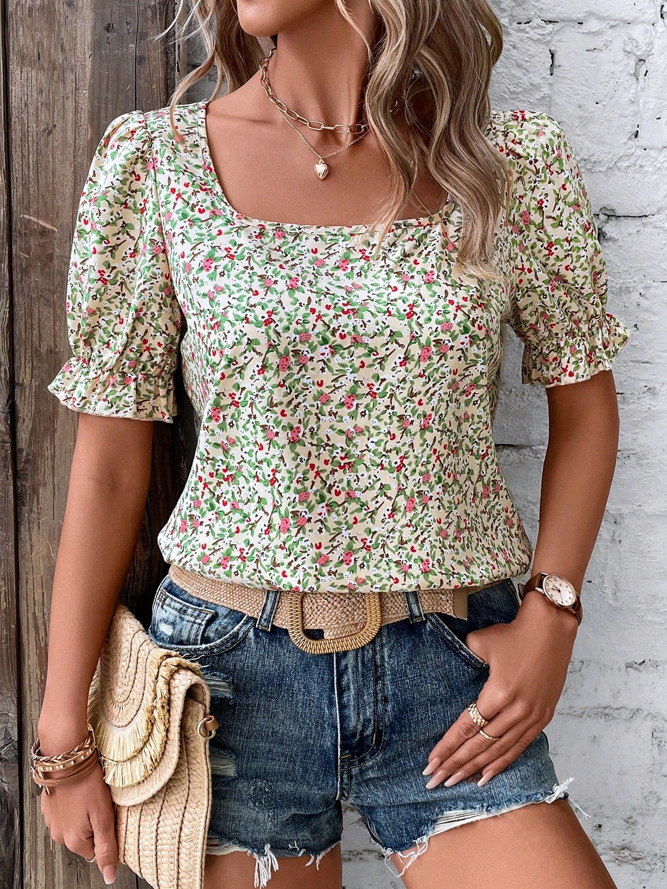 LUNE Ditsy Floral Print Square Neck Puff Sleeve Blouse