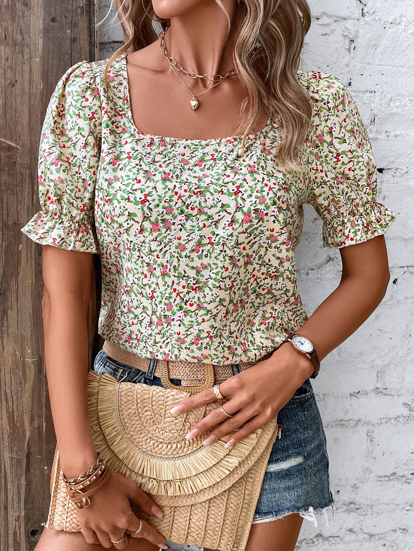 LUNE Ditsy Floral Print Square Neck Puff Sleeve Blouse