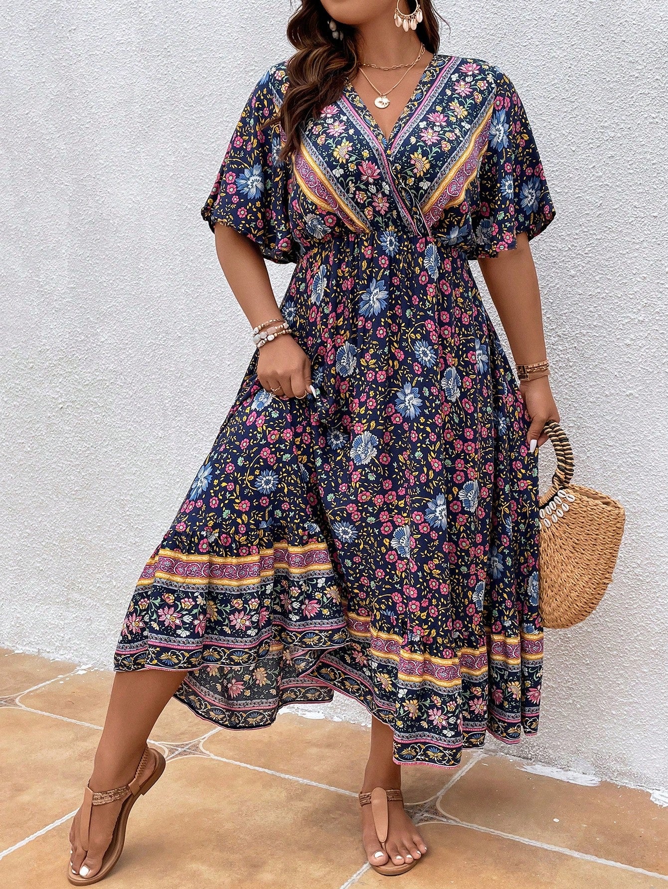 Plus Floral Print Butterfly Sleeve Dress Maxi Women Outfit