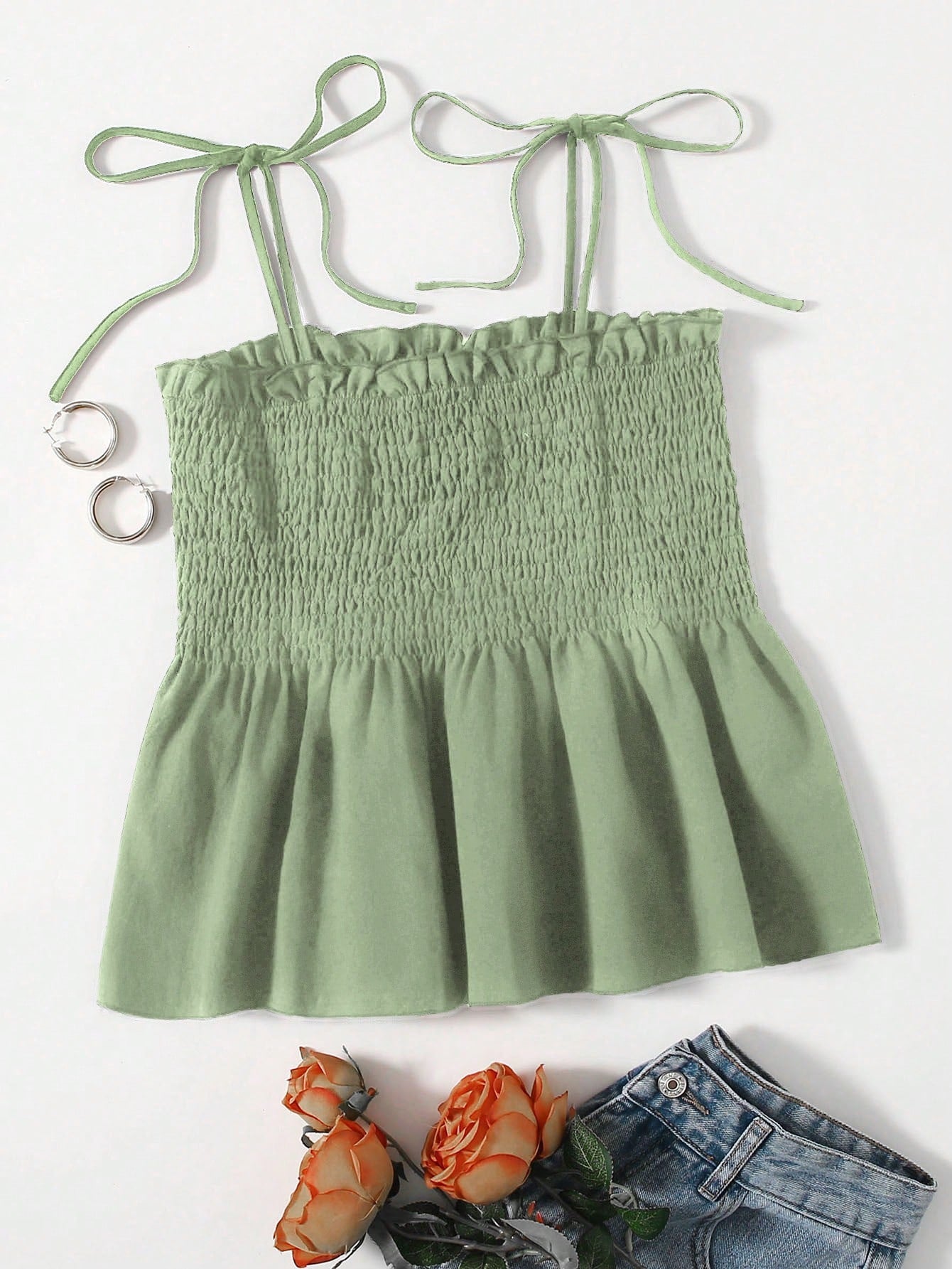 VCAY Knot Shoulder Ruffle Hem Cami Top