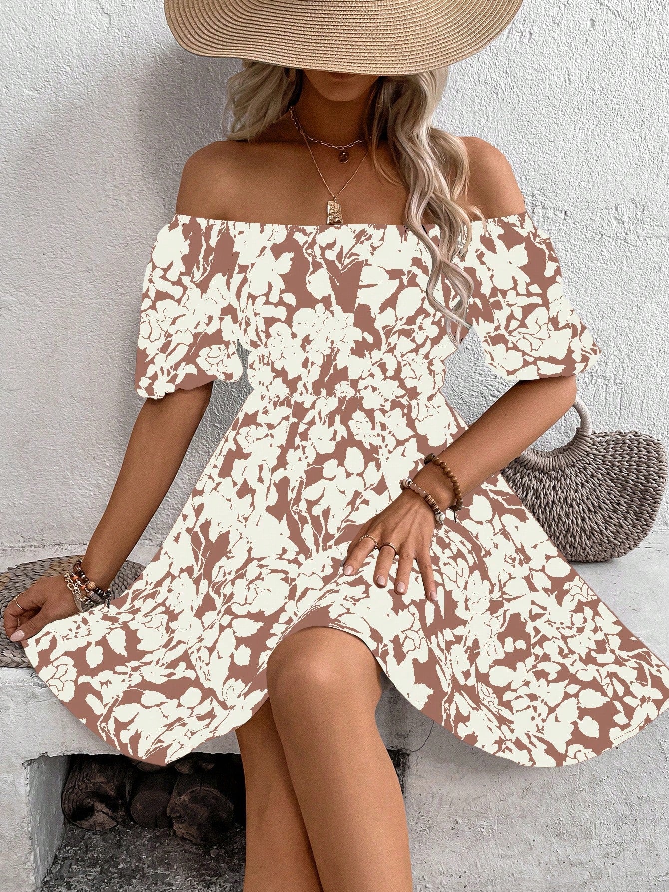 Holidaya Floral Print Off Shoulder Dress Vacation Beach Outfits Women