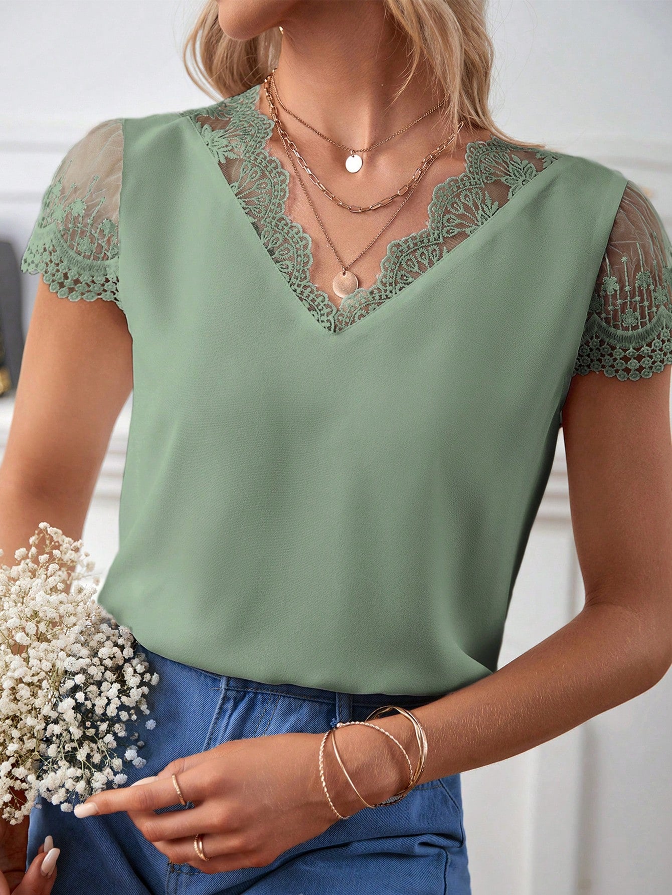 Frenchy Contrast Lace V Neck Blouse