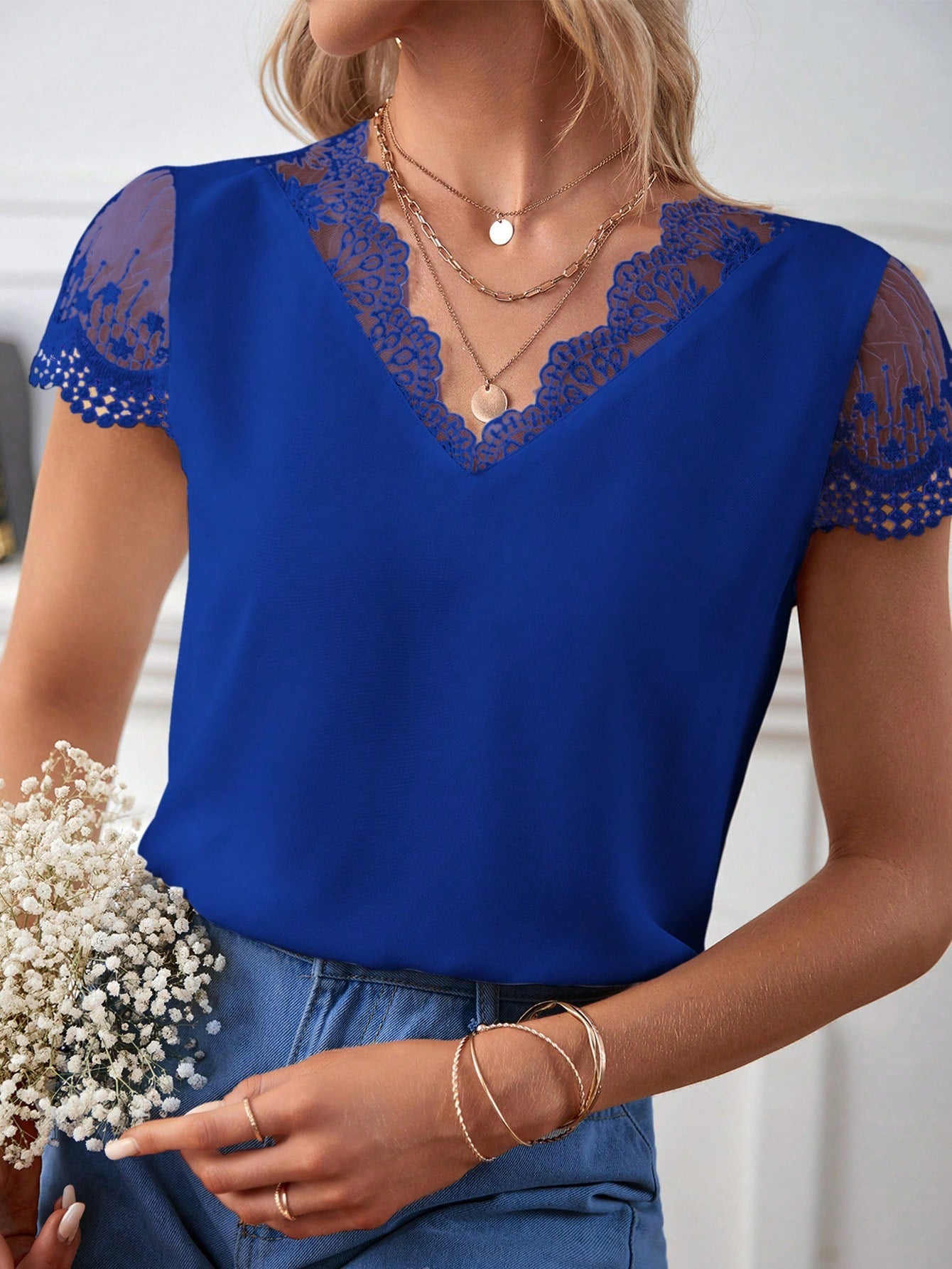 Frenchy Contrast Lace V Neck Blouse